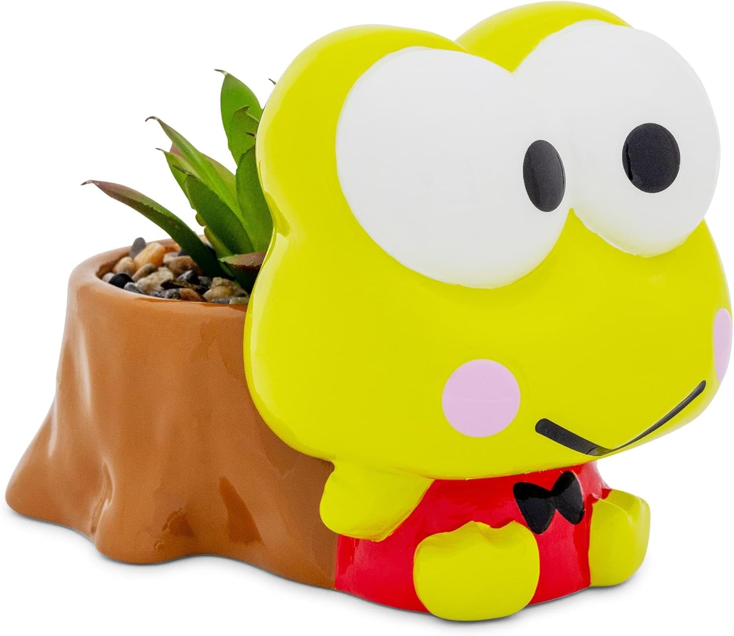 Silver Buffalo Sanrio Keroppi Stump 4-Inch Sculpted Ceramic Mini Planter with Artificial Succulent | Cute Flower Pot, Faux Indoor Plants