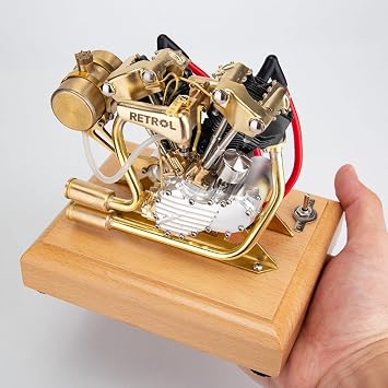 ENGINEDIY Retrol Mini Engine Model that Runs, 4 Stroke Metal Motorcycle Engine Model, V-Twin 2 Cylinder Engine Model for Adults, Cool Science Kit Gift Matte Black/RTR