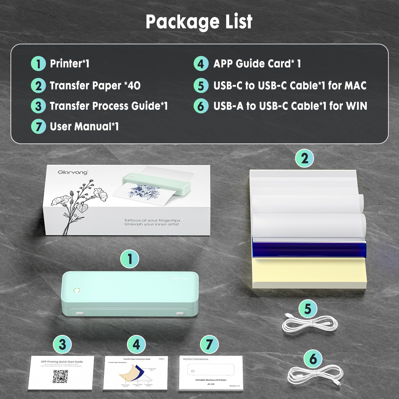 Gloryang Wireless Tattoo Transfer Stencil Printer, Portable Thermal Tattoo Machine for Tattoo Beginners with 40pcs Stencil Paper, Compatible with Smartphone & PC, Rechargeable & Inkless, Light Green 4