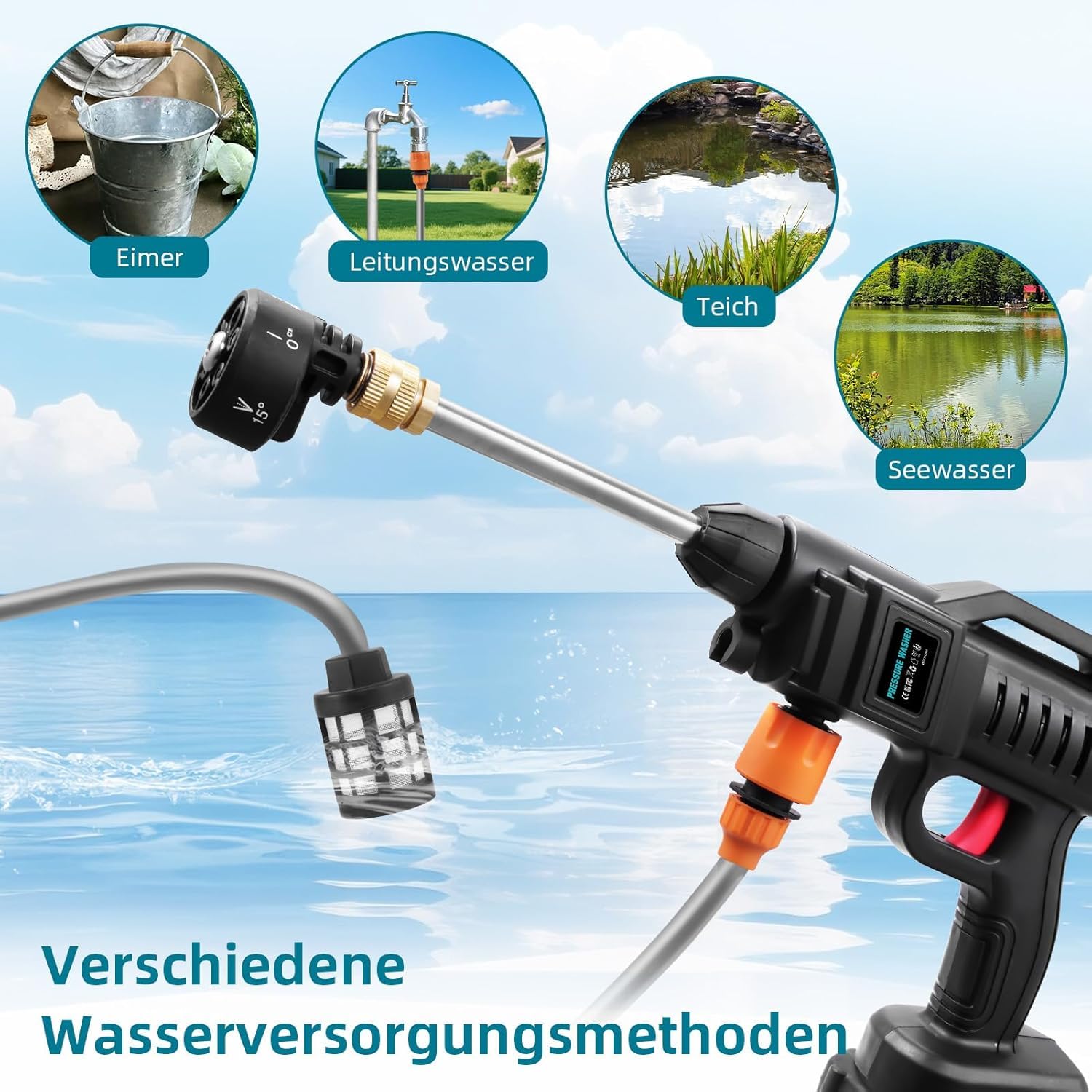 Viugreum Akku Hochdruckreiniger, 100Bar Hochdruckpistole Wasserpistole, Tragbarer Hochdruckreiniger Autowäsche mit 6-in-1-Multifunktions Düse, 2x 21V Batterien, 5m Schlauch für Auto, Terrasse, Fenster