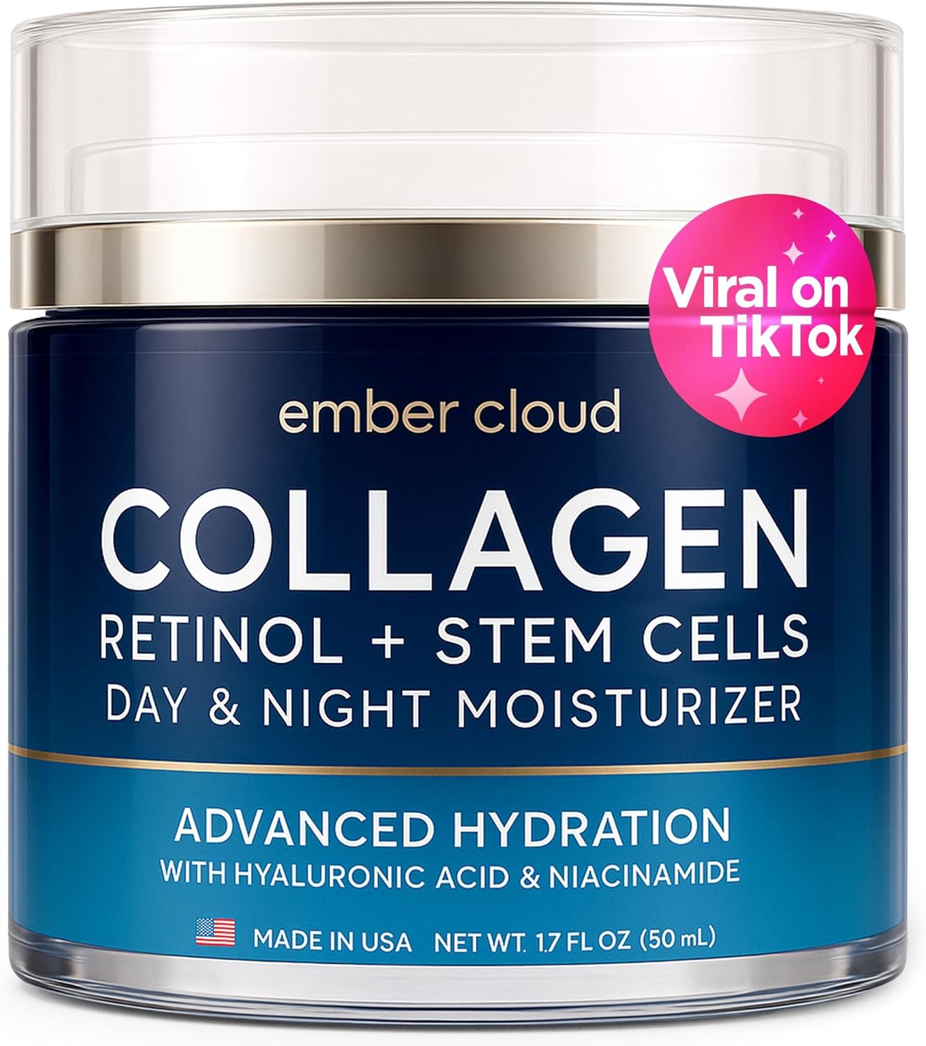 Collagen Face Cream with Stem Cells Retinol Hyaluronic Acid Niacinamide for All Skin Types – Anti-Aging Face Moisturizer with Airless Pump – Day & Night Cream for Wrinkles – Made in USA 1.7 Oz