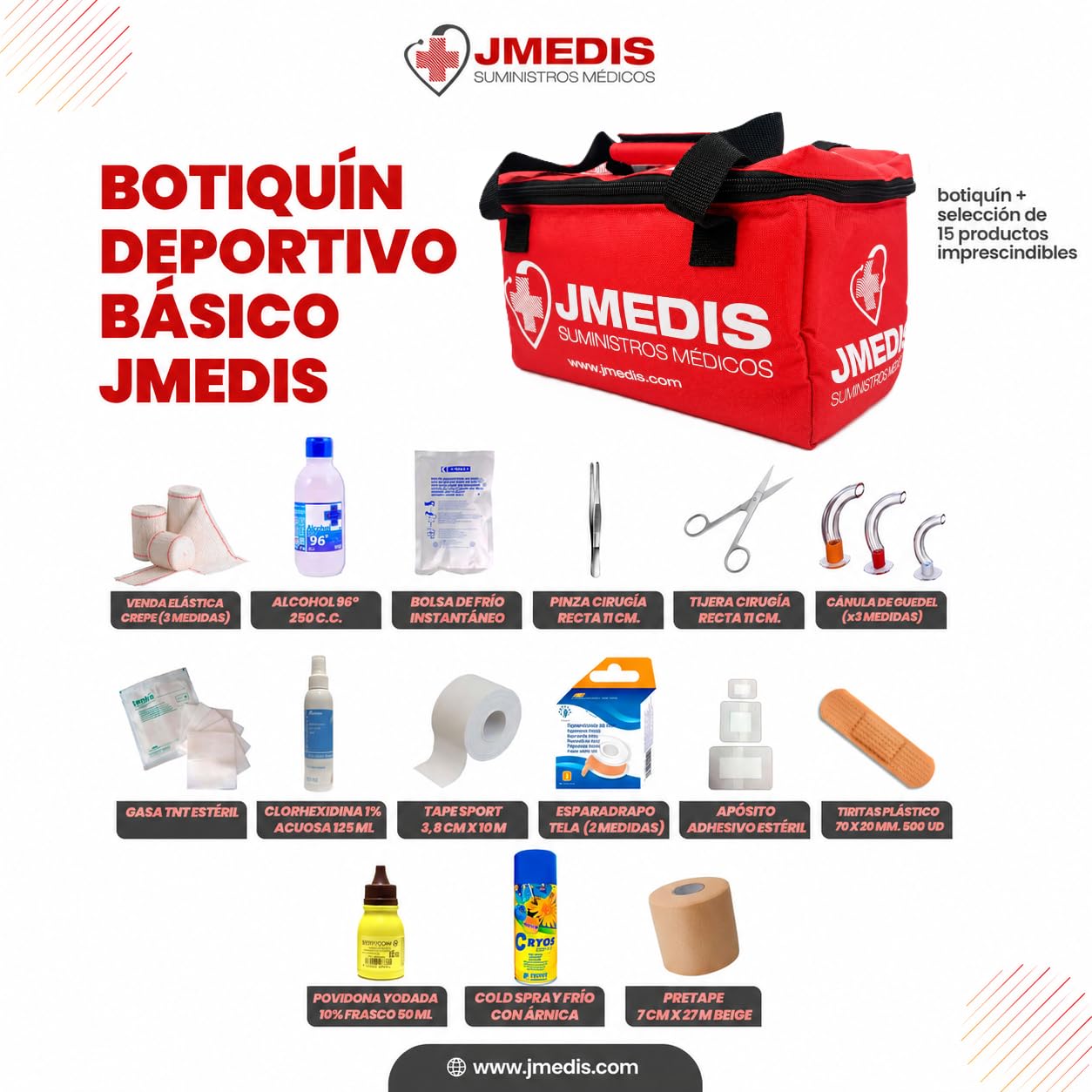 JMEDIS Botiquín Deportivo Básico, 15 Productos Esenciales, Bolsa Térmica Roja con Correa, Kit de Primeros Auxilios