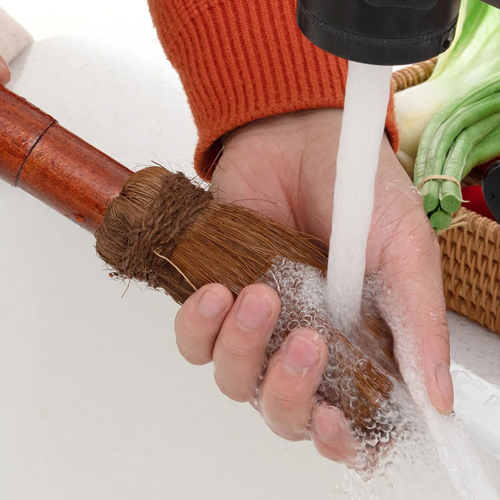 Kuchenka kuchenna Nieprzywierająca szczotka do czyszczenia oleju Miękkie włosy Szczotka do mycia naczyń Usuwanie oleju Rączka z dłoni kokosowej Szczotka do garnków (beżowa)