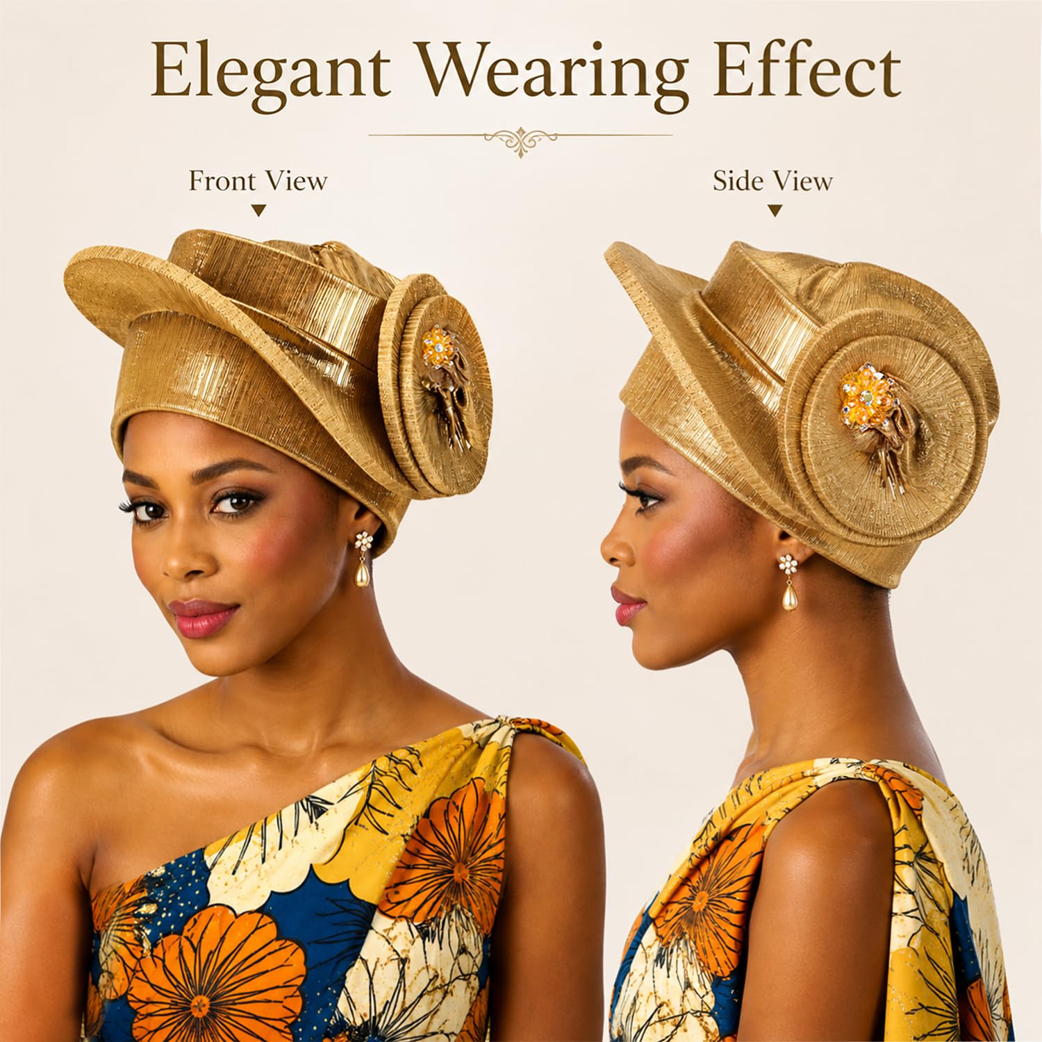 African Girl Headscarves Hats, Black Women's Turban Caps Headwear, Church Hats, Nigerian Wedding and Party Hair Accessories，Gold