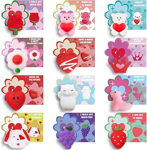 ricluck Regalos del día de San Valentín para niños, 24 piezas Mochi Squishy Party Favores Set con tarjetas de felicitación del día de San Valentín
