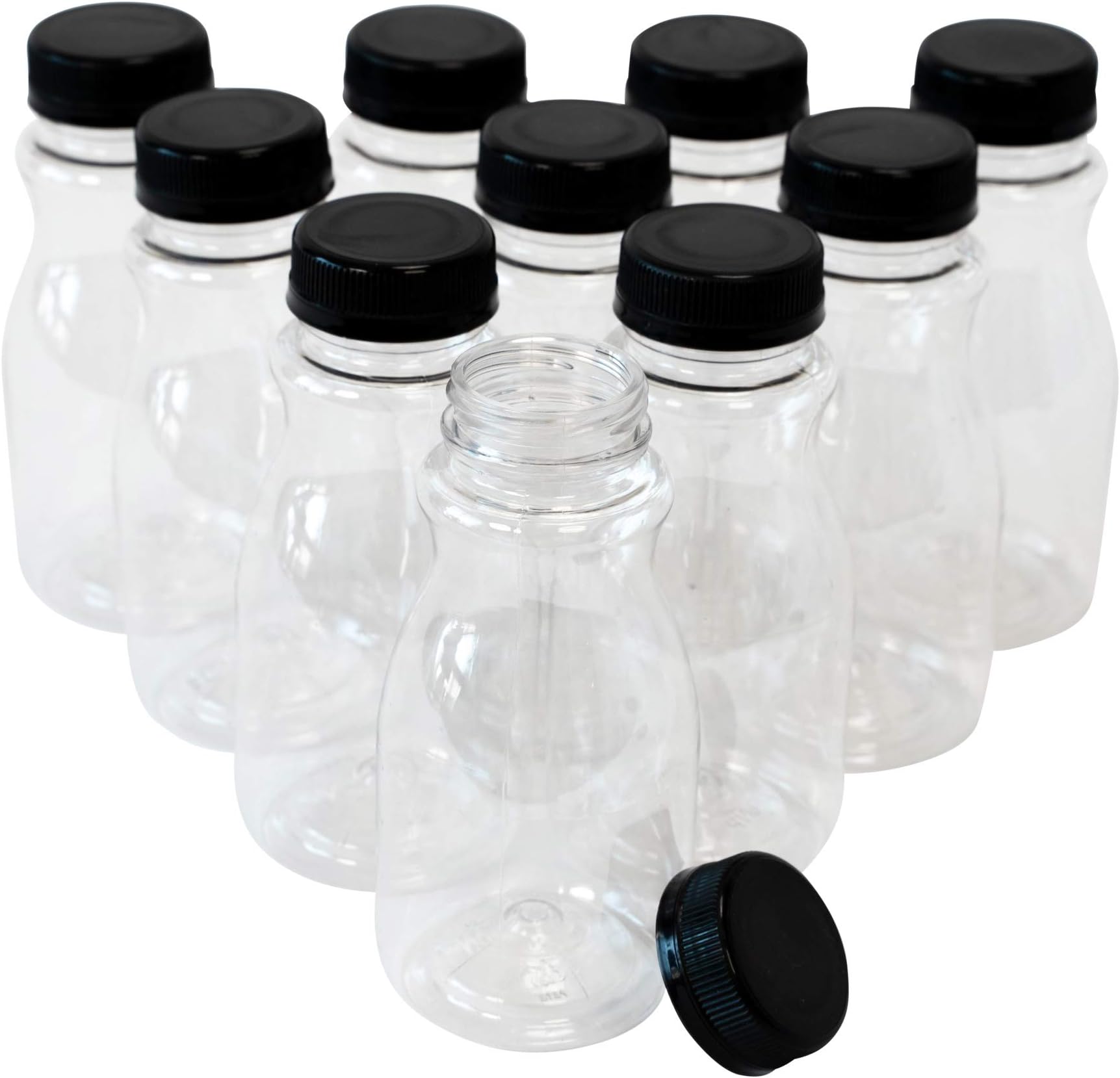 CSBD 8oz Plastic Juice Bottles with Tamper Evident Lids, 10 Pack, Food Grade Safe PET with No BPA, Apple, Kombucha, Tea, Cold Brew or Milk Bulk Containers, Reusable