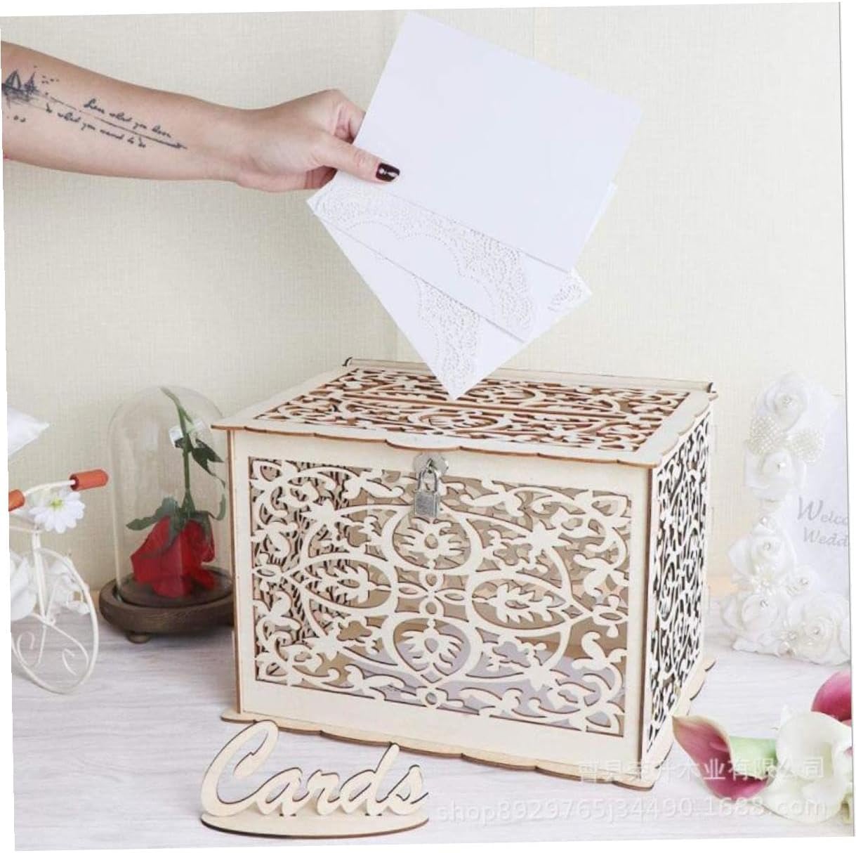SOLUSTRE Wooden Wedding Cards Box Large Rustic Money Envelope Holder with Slot for Party and Reception Decorations