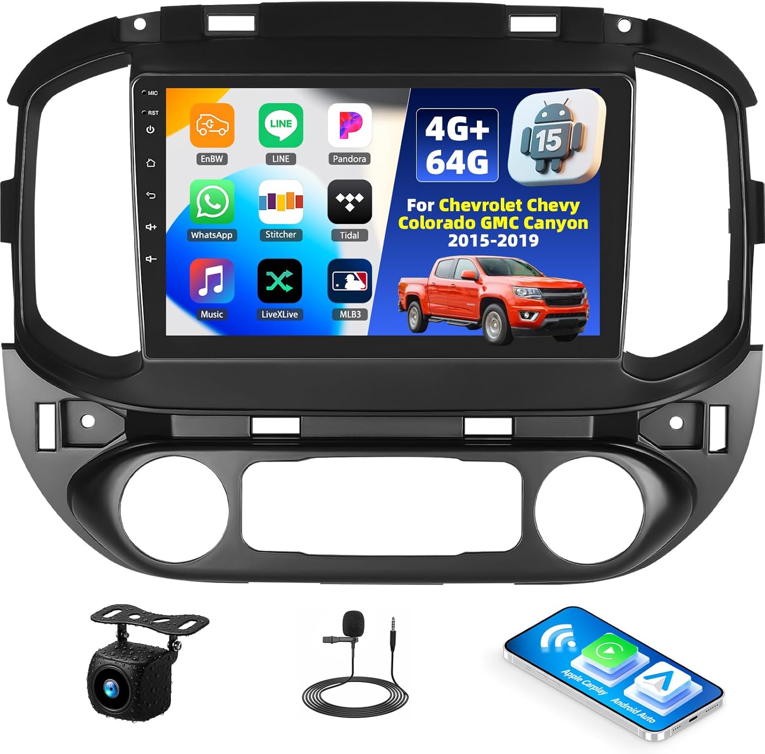 4G+64G Android 15 Car Stereo for Chevrolet Chevy Colorado GMC Canyon 2015-2019 with Wireless CarPlay Android Auto,9" Touchscreen Car Radio with Mirror Link,WiFi/GPS Backup Camera,Bluetooth,FM/RDS,DSP
