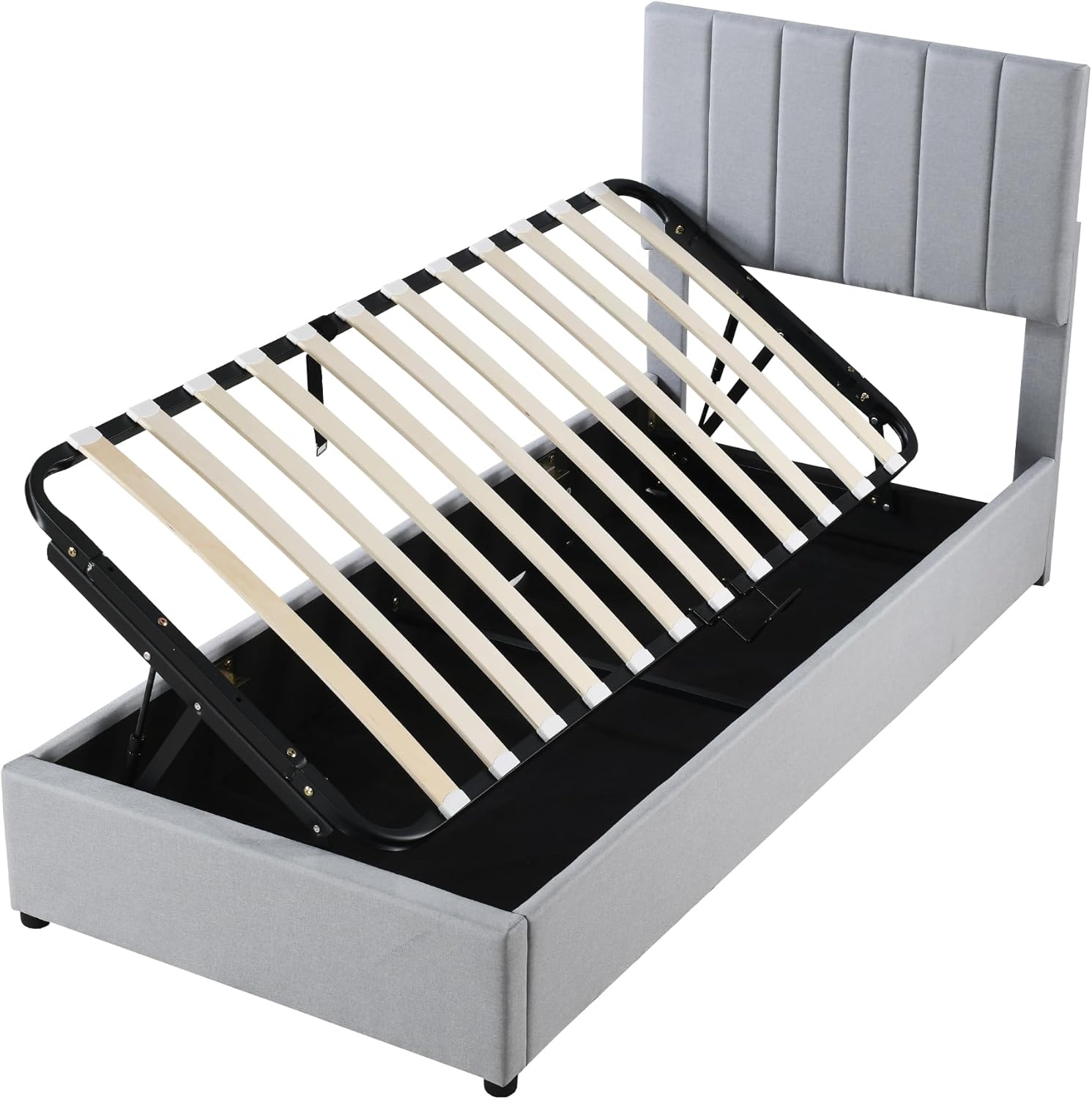 Vertical Channel Design Platform Bed with Hydraulic Storage System, Twin Size Upholstered Bed Frame with Headboard for Bedroom Guest Room, Space-saving Slat Support Bed Foundation No Box Spring Needed