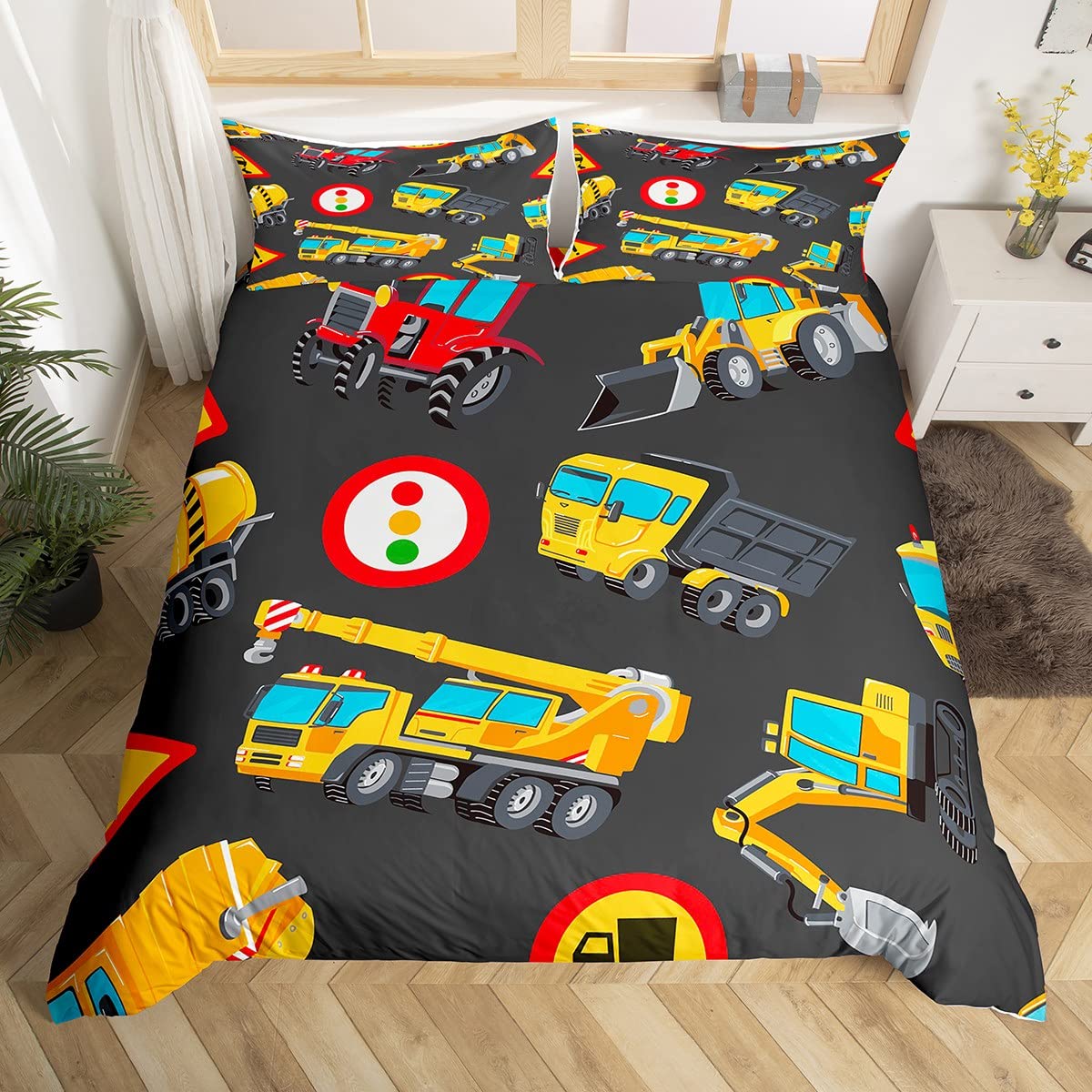 Excavator Duvet Cover Set Construction Vehicles Comforter Cover Toy Trucks Pattern Bedding Set Digger Machine Bedspread Cover for Kids Boys Girls Single Size With 1 Pillow Case