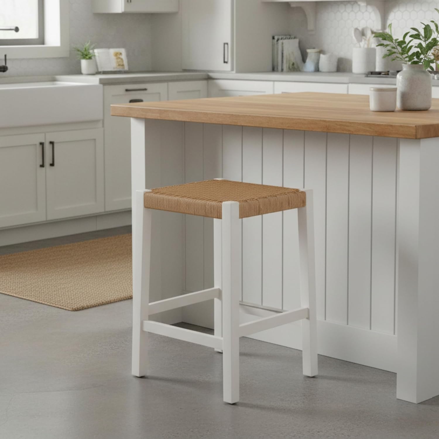 Alaterre Furniture Newport Kitchen Island Stool – 24” Counter Height Bar Stool with Handcrafted Woven Rope Seat – Modern Farmhouse Backless Stools for Kitchen, Bar or Dining Room (White)