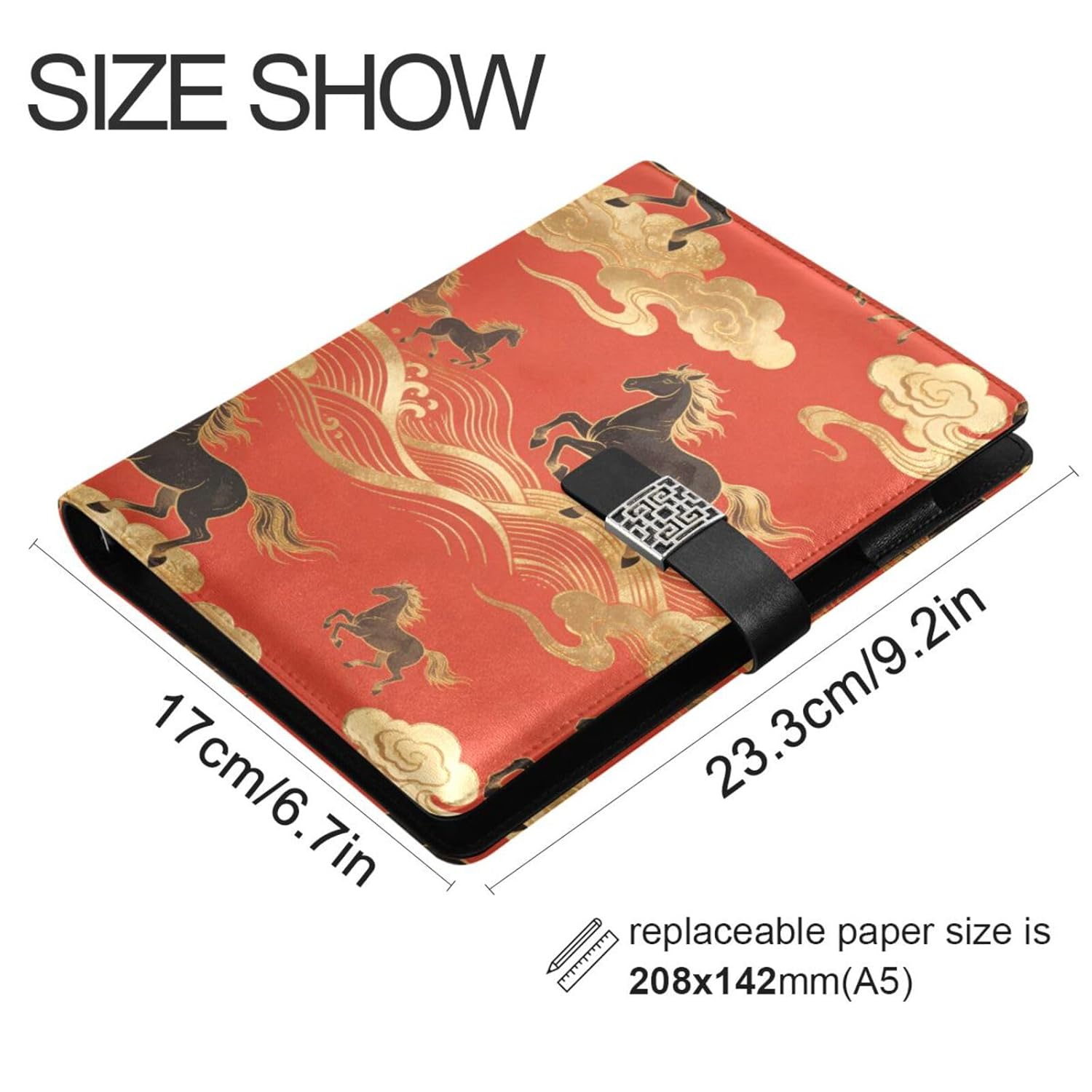 decor gift Leather lined composition notebook Chinese Cloud Horse Red for travelling delicate 6.7×9.2 Inches ，Lined Paper 100 Pages