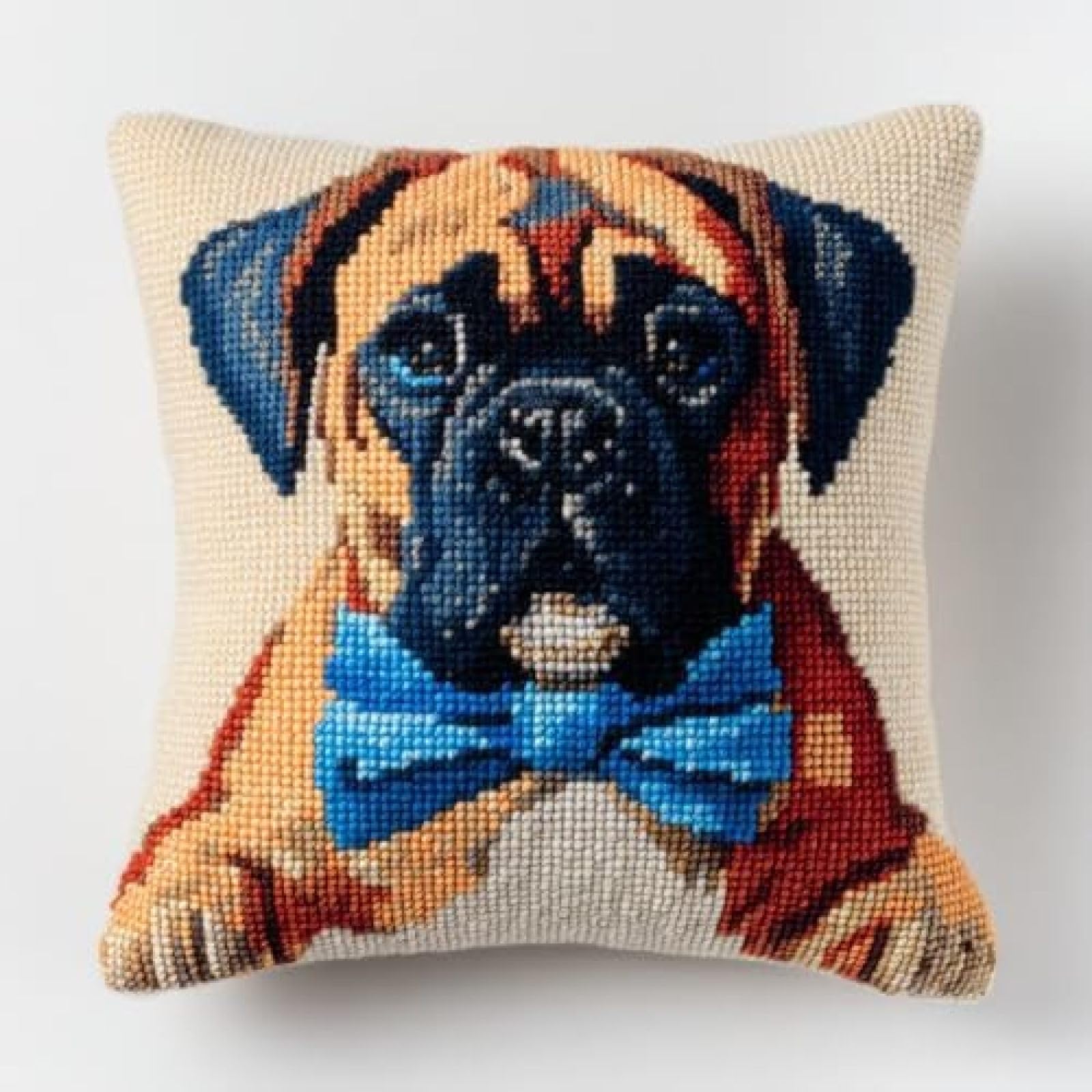kitphoenix Cushion Cover Latch Hook Kit for Adults Beginners,Bullmastiff Dog Bow Tie,DIY Crochet Embroidery Craft Set with Yarn,Hook and Printed Canvas,43x43 cm