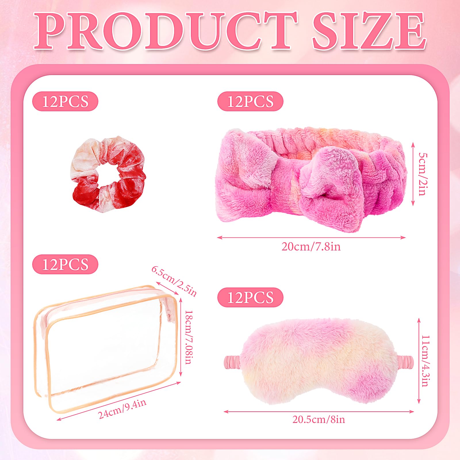48 articoli per feste per pigiama party per ragazze, 12 fasce rosa spa, 12 maschere per occhi in peluche, 12 elastici in velluto rosa e 12 sacchetti da toilette trasparenti per regali di Natale