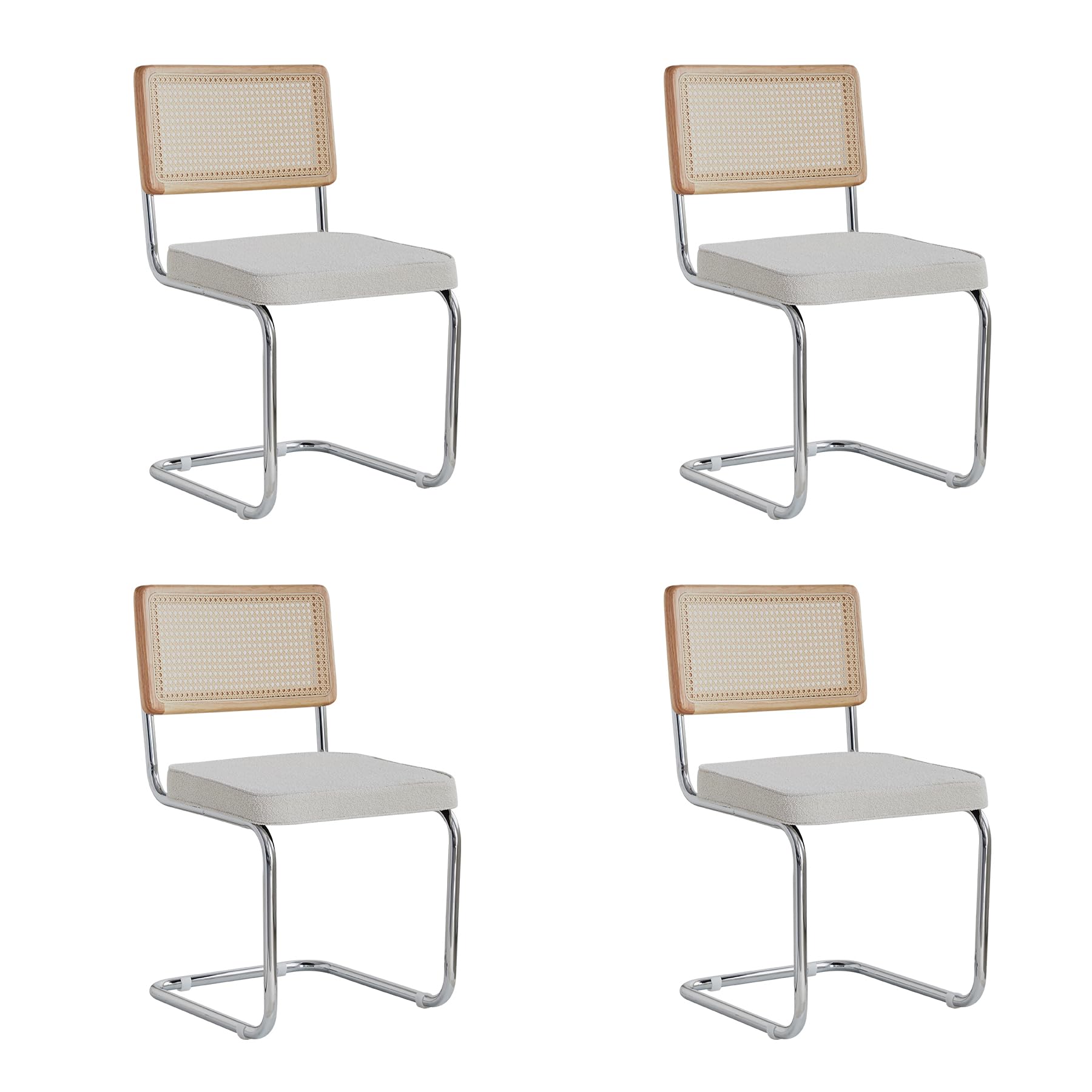 GrandCA HOME Set di 4 Sedie da Pranzo con Schienale in Canna Naturale e Base in Acciaio Cromato, Sedie da Cucina Imbottite in Rattan,Bianco