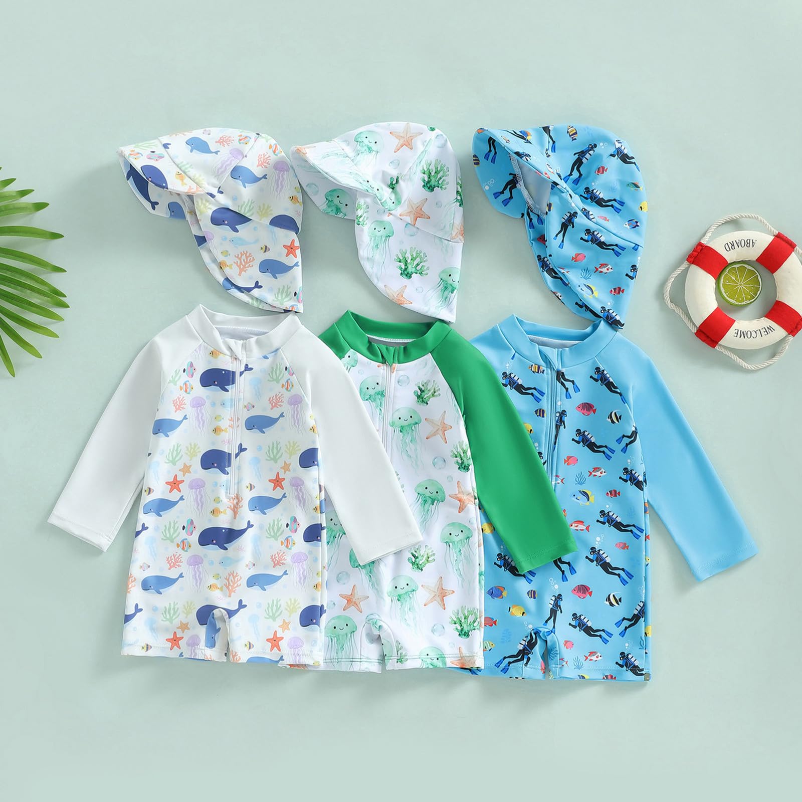 Baby Badeanzug mit Hut Einteiler Kleinkind Langarm Badeanzug UV Sunsafe Baby Mädchen Jungen Reißverschluss Bademode Rashgard Bademode