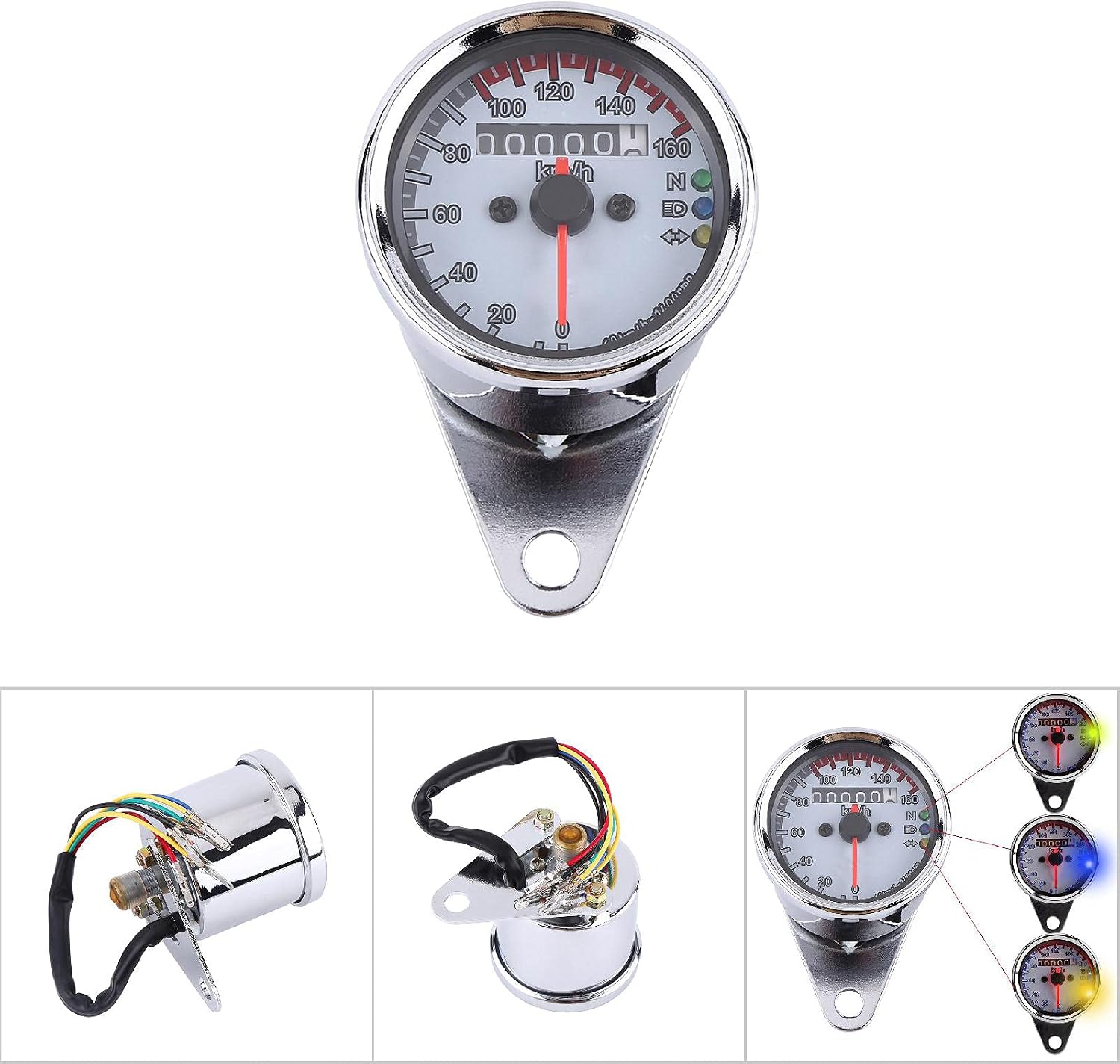 Motorcycle Odometer Speedometer with LED Backlight Universal Fit for 12V Bikes Replacement Gauge in Silver