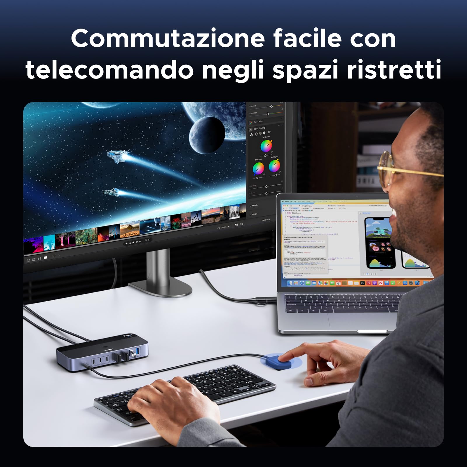 UGREEN Switch USB C 3.2 10 Gbps 2 in 7 Out Commutatore KVM | Condividono 7 USB, 4A3C, per Tastiera, Mouse, Disco Rigido, Stampante, Scanner, Microfono, con Alimentatore DC 12 V