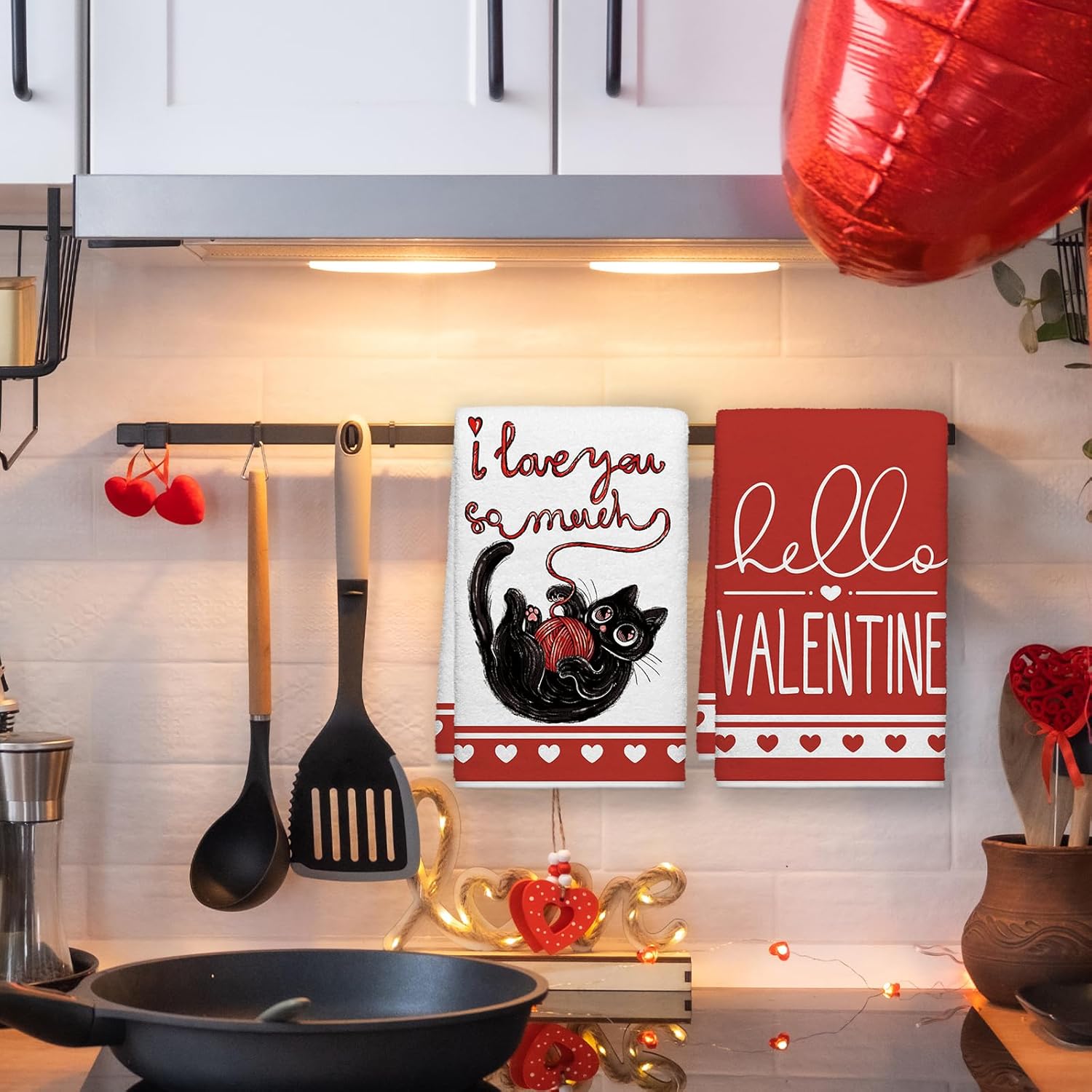 Hello Valentines Day Cat Kitchen Towels, Red Heart Dish Towels Set of 2, Spring Cute Black Cat with Yarn 18 x 26 Inch Hand Towel Quick Drying Dishcloth Decor for Kitchen Bathroom Home - Image 4