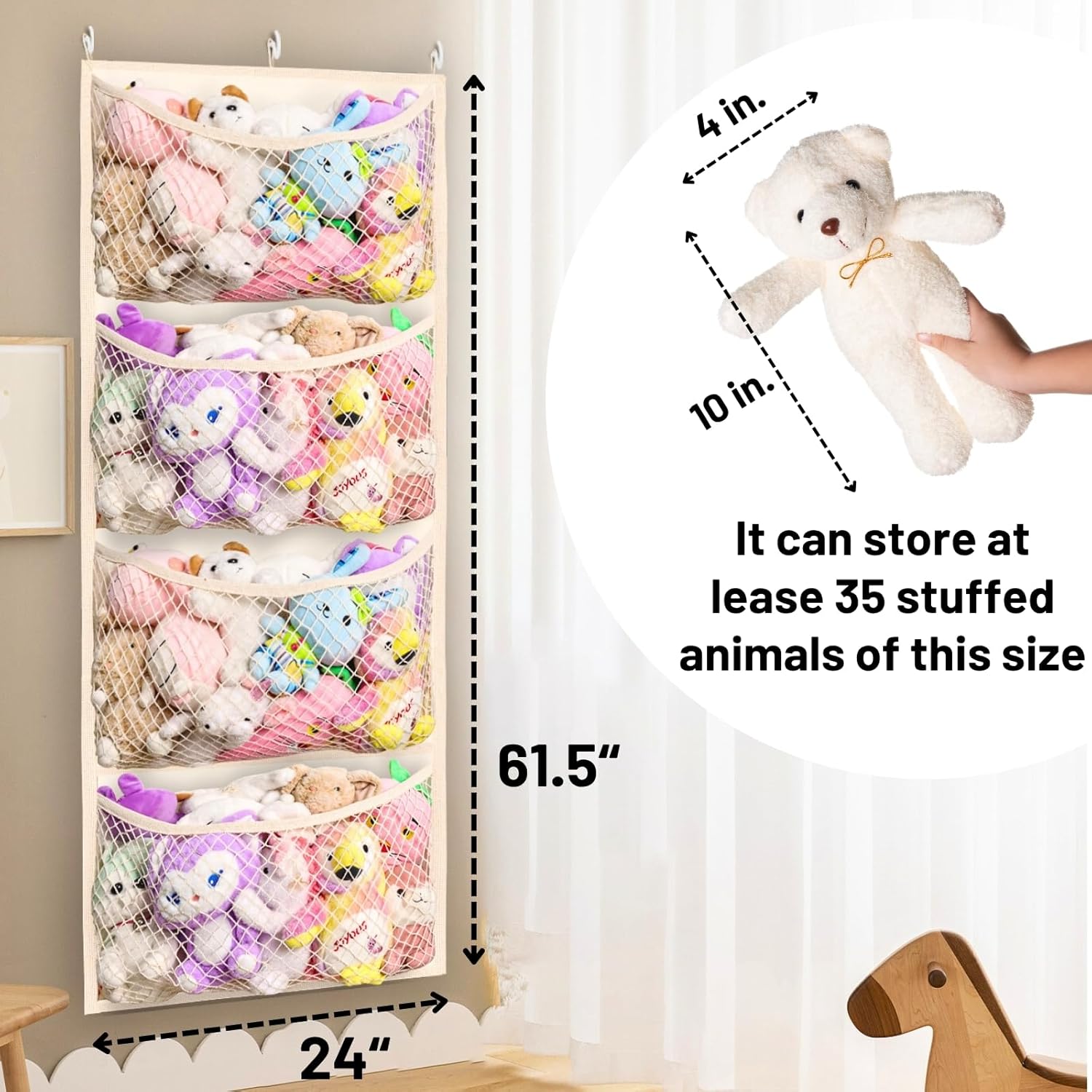 Wide Over The Door Stuffed Animal Storage, Cotton Toy Organizer for Plush Toys, Baby Supplies, Stuffed Animal Holder with 4 Large Pockets, Hanging Door Organizer for Nursery, Bedroom, Kids Room