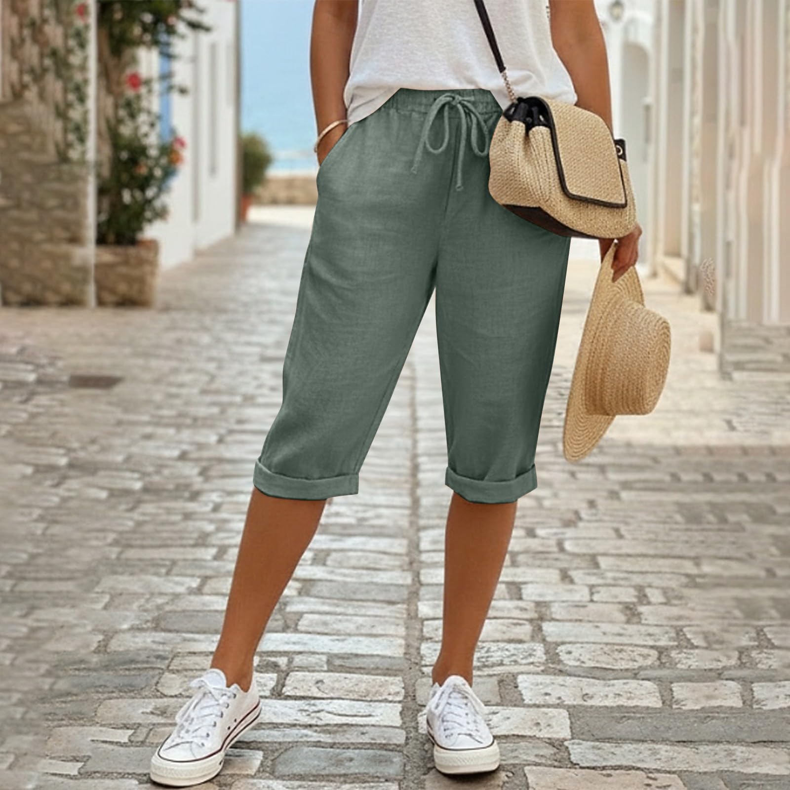 Short Long Femme Ete Fluide Short Femme Coton Lin Leger Taille Haute Bermuda Taille Elastique Pantalon Court Décontracté Couleur Unie Confortable Ample Pantalon de Plage avec Poches