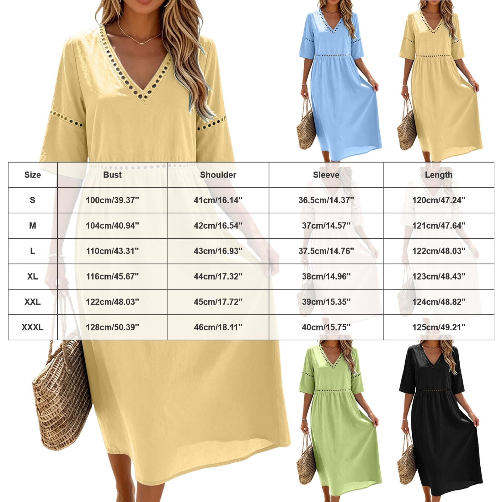 Abito Lino Donna Abito Estivo a Maniche a 3/4 Vestito Boho Chic Vacanza Comodo Taglie Forti Vestito Lungo in Cotone Scollo a V Largo Vestiti da Spiaggia Ideale per vacanze, lavoro e uso quotidiano