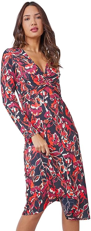 Roman Originals Twist Waist Dress for Women UK - Ladies Fit & Flare Swing Skater Ruched Waisted V Neck Formal Smart Casual Everyday Evening Wear Gathered Midi Tea Dresses