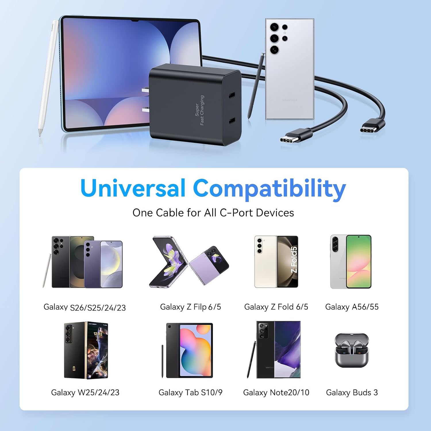 45W Samsung Super Fast Charger,2Pack Dual Port Samsung Charger Fast Charging,Quick Double Type C Android Phone Charger Block 10FT Long USB C Cable for Samsung Galaxy S26 Ultra/S26+/S25/S24/S23/S22/S21