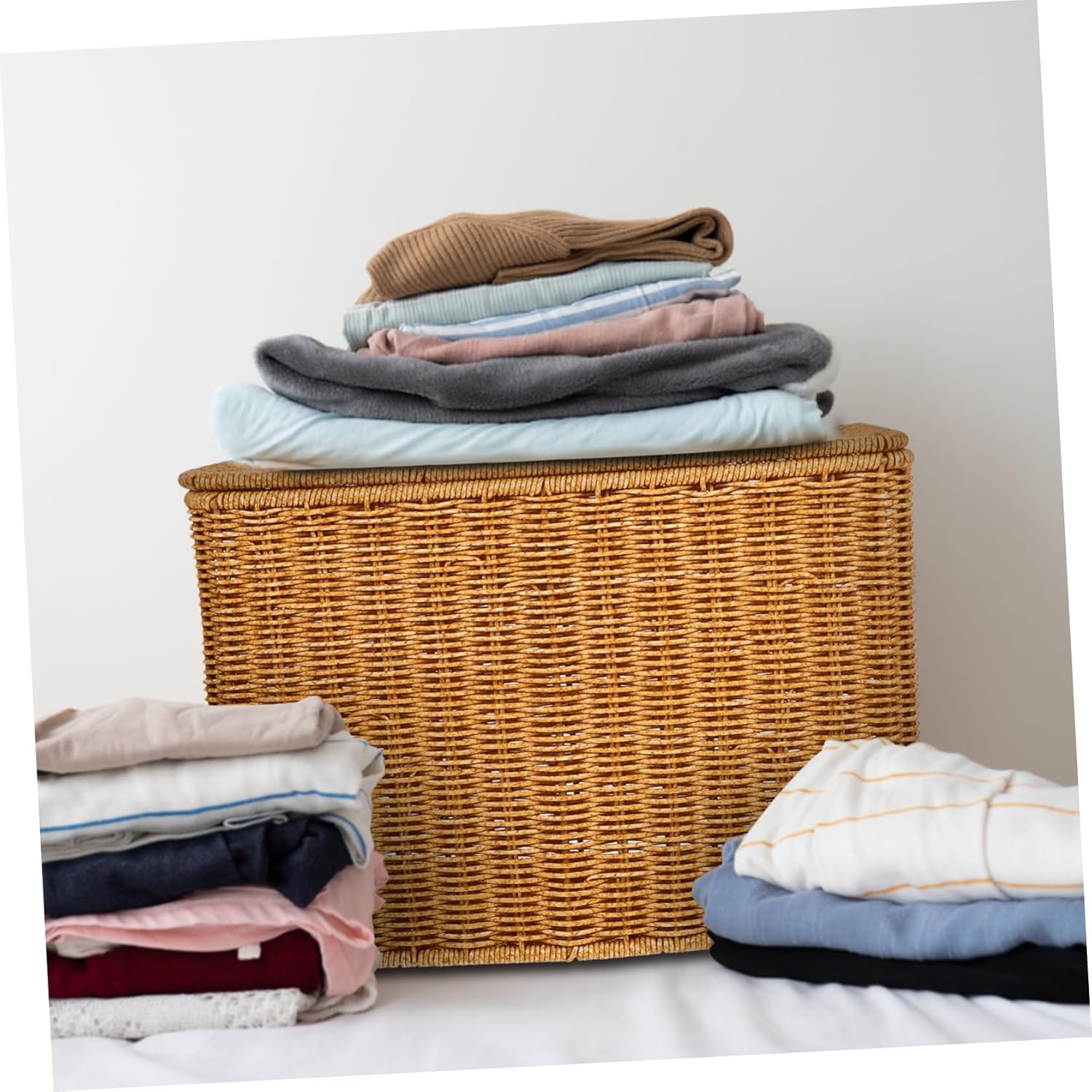 Woven Sundries Storage Basket with Lid and Handle Narrow Design Container for Magazines and Items Sturdy Neat Edges for Home Organization