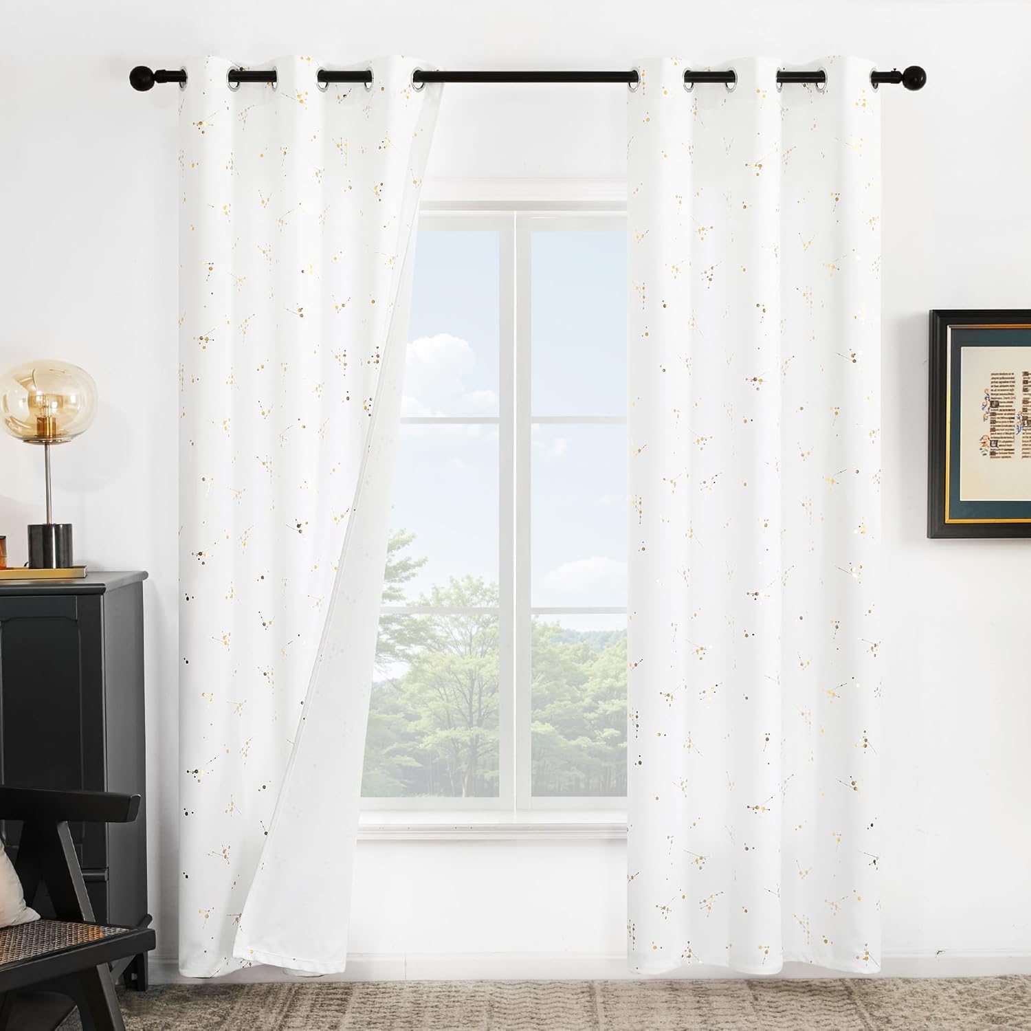 Deconovo Blackout Curtains, Room Darkening, Thermal Insulated, Light Blocking Grommet Drapes for Bedroom and Living Room, 2 Panels, Gold Constellation, Pure White, 42W x 84L Inches