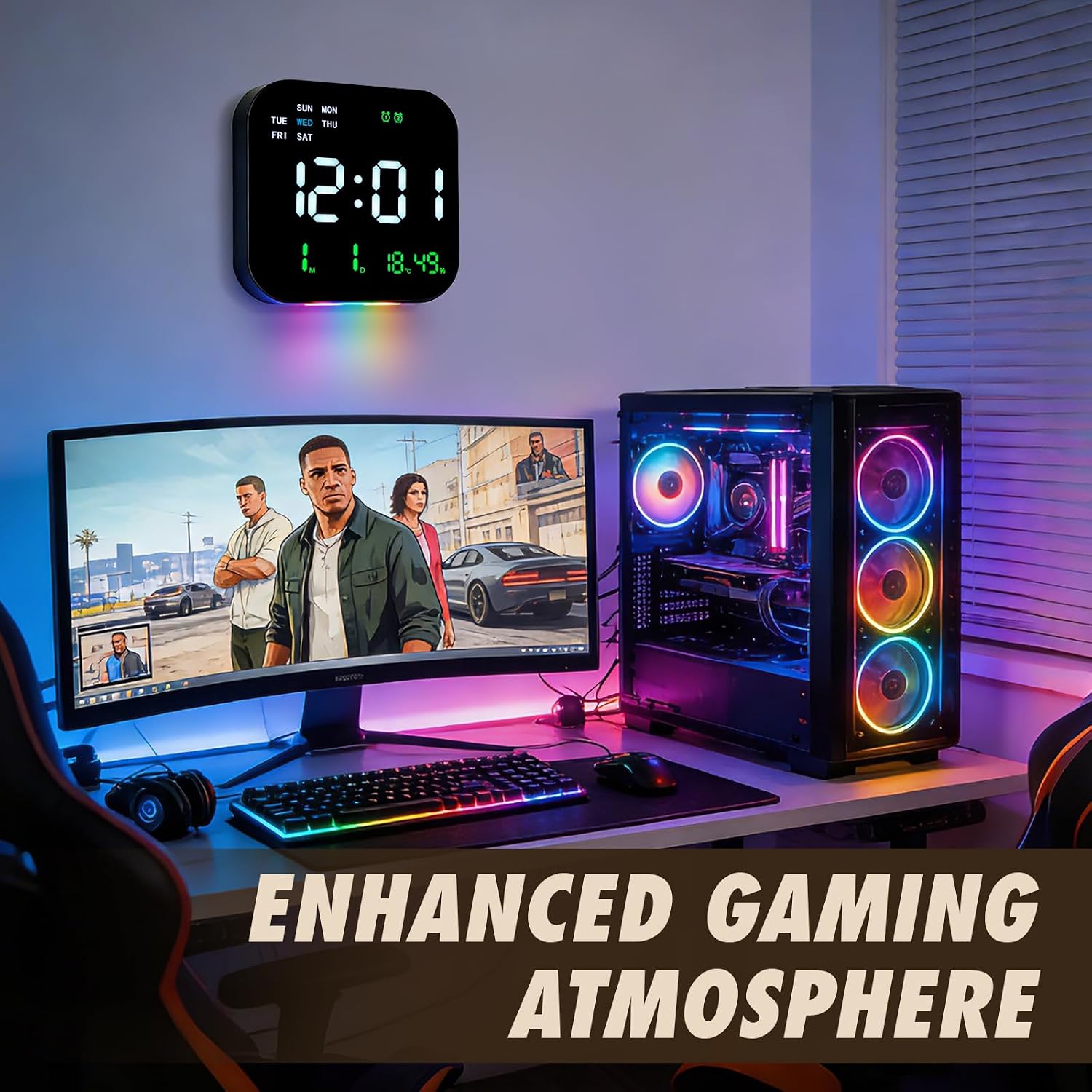 AuraSync Digital Alarm Clock with Day of Week Display, Temperature and Humidity Monitor, LED Display, RGB Light Base (White-Green)