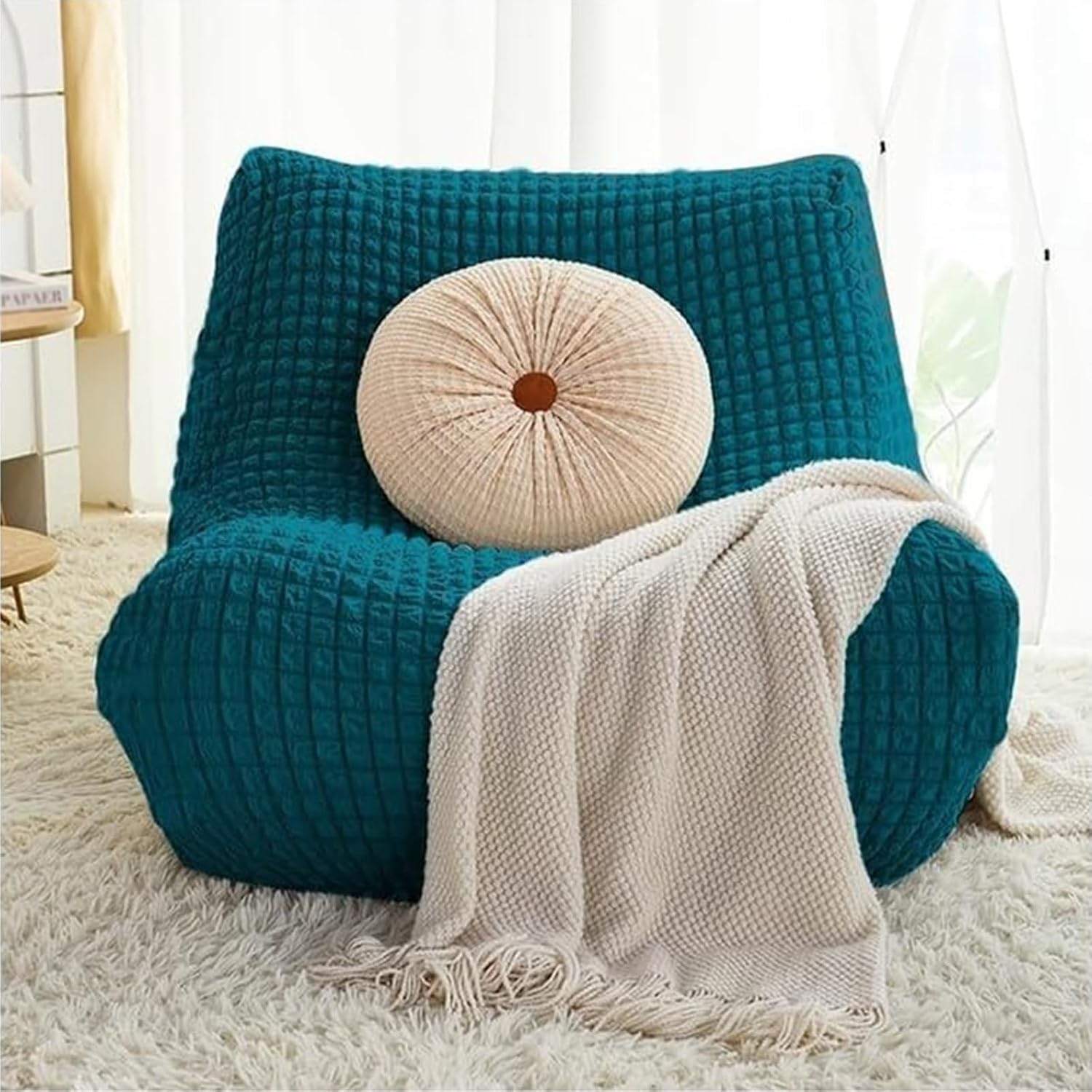 TANGHULU Stretch Fireside Chair Cover, Armless Chaise Lounge Slipcover Lazy Floor Couch Furniture Protector Bean Bag Cover with Elastic Bottom for Living Room Bedroom(Peacock Blue)