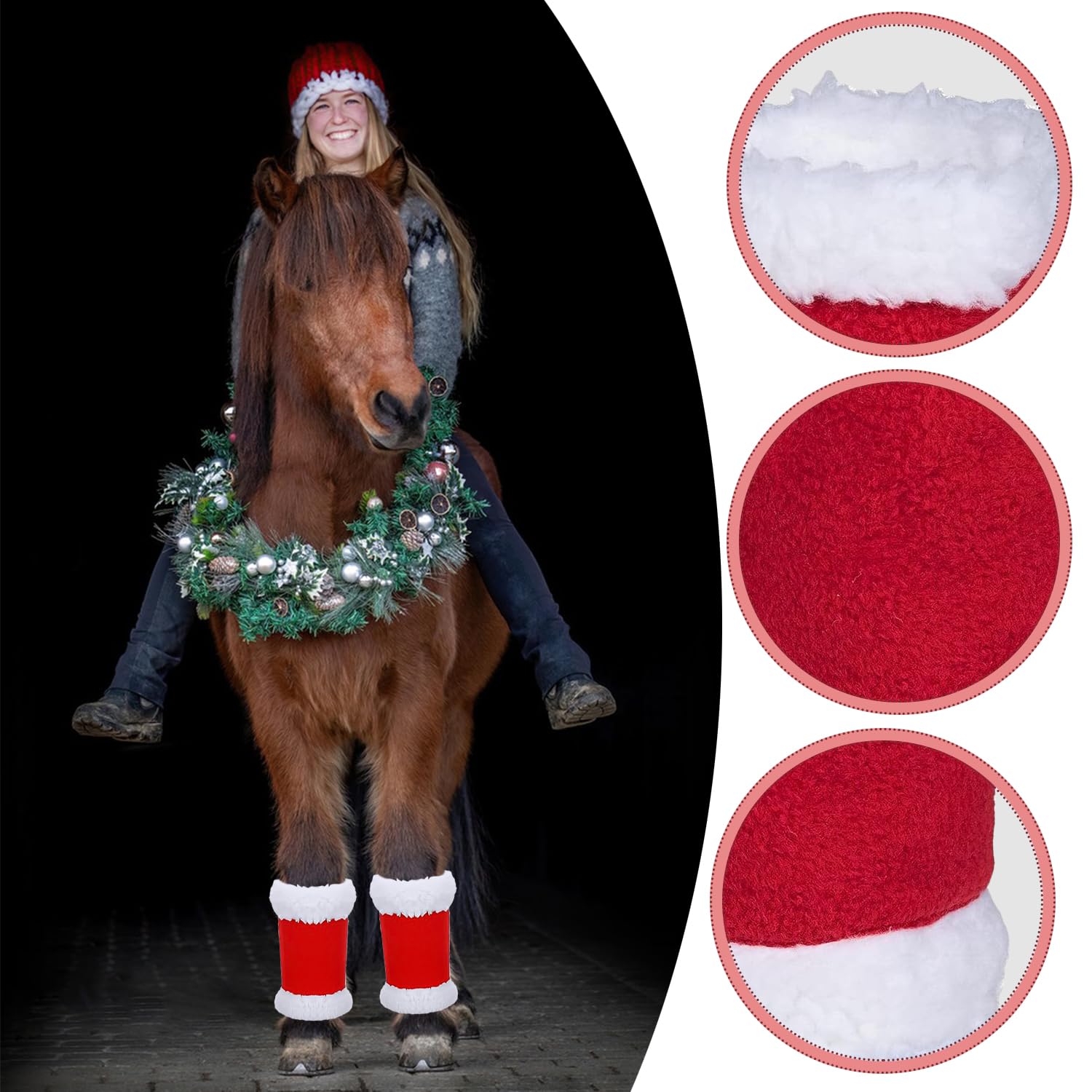 Nereds 8pcs Christmas Horse Leg Wraps Faux Fur Polyester Standing Wraps Red Horse Leg Wraps for Horse Winter Xmas Holiday Party Accessories - Image 3