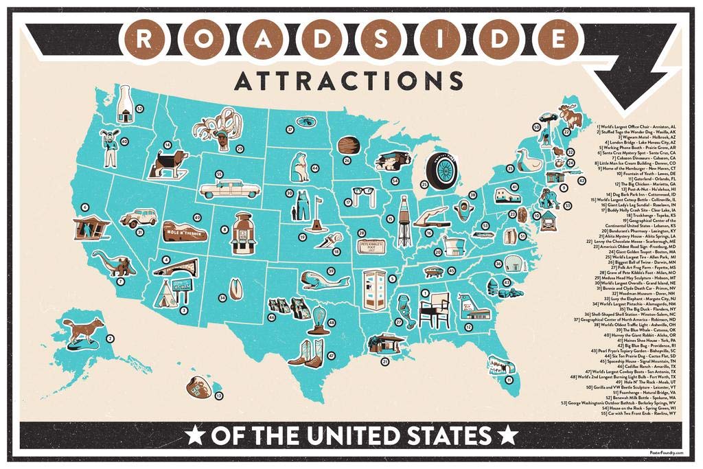 Laminated Roadside Attractions of America Map Chart USA Road Trip