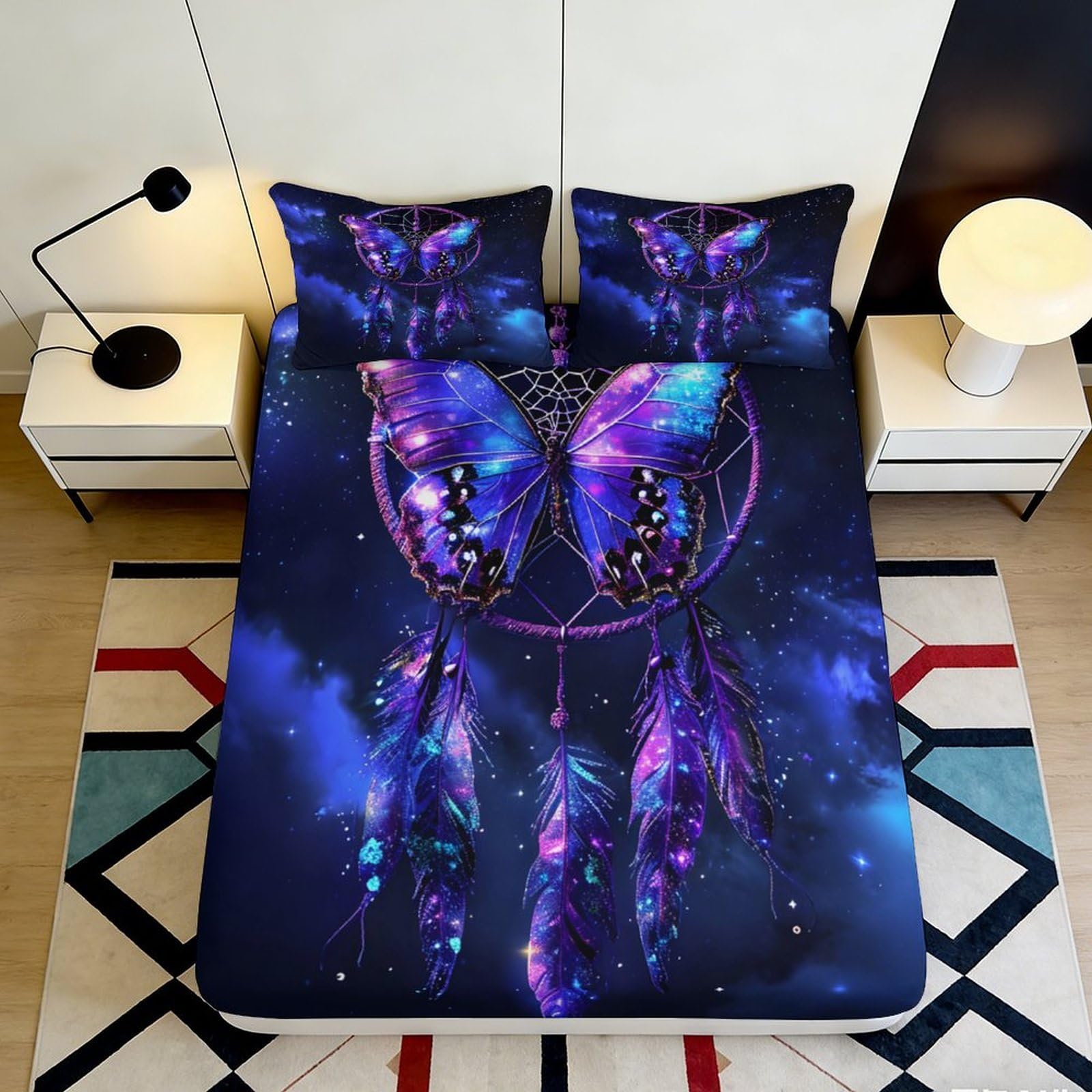 3D Printed Dreamcatcher Butterfly Fitted Sheet Microfiber Soft Breathable Purple Blue Mattress Cover for Bedroom Decor 200x200x25cm