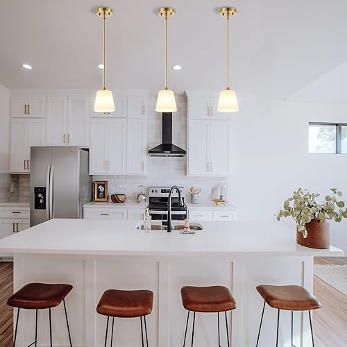 Miniatura 3 de Lámpara colgante moderna dorada, paquete de 3 lámparas de latón cepillado de mediados de siglo, cilindro blanco, pantallas de vidrio, varillas