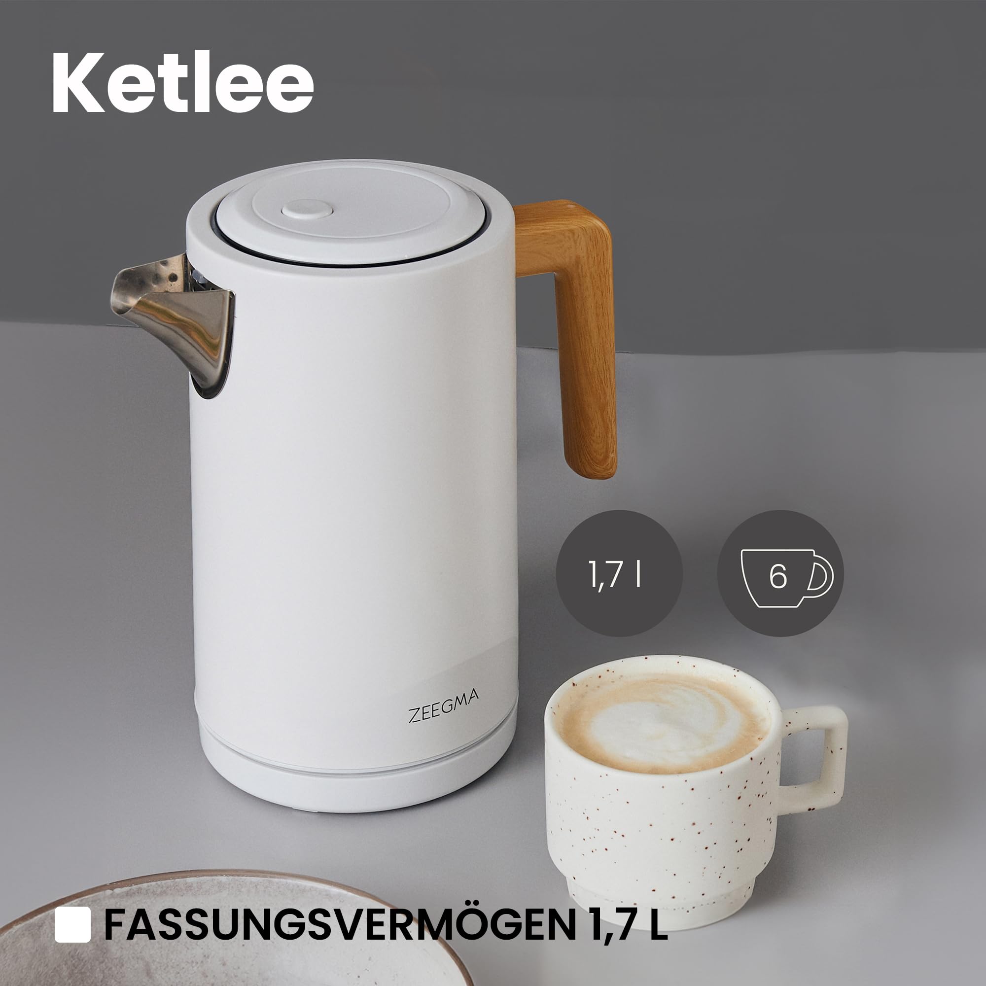 ZEEGMA KETLEE 1,7 L Kabelloser elektrischer Wasserkocher | für Tee und Kaffee, 2200 Watt, Wasserstandsanzeige, automatische Abschaltung, Edelstahl, Modernes elegantes Design (Schwarz)