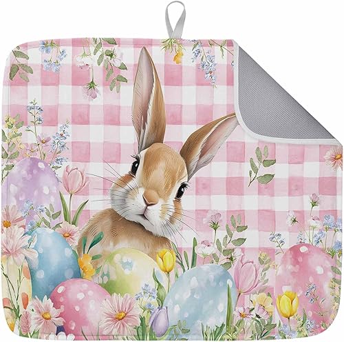 Easter Rabbits Dish Drying Mat, Spring Floral Easter Eggs Pink Plaid Absorbent D