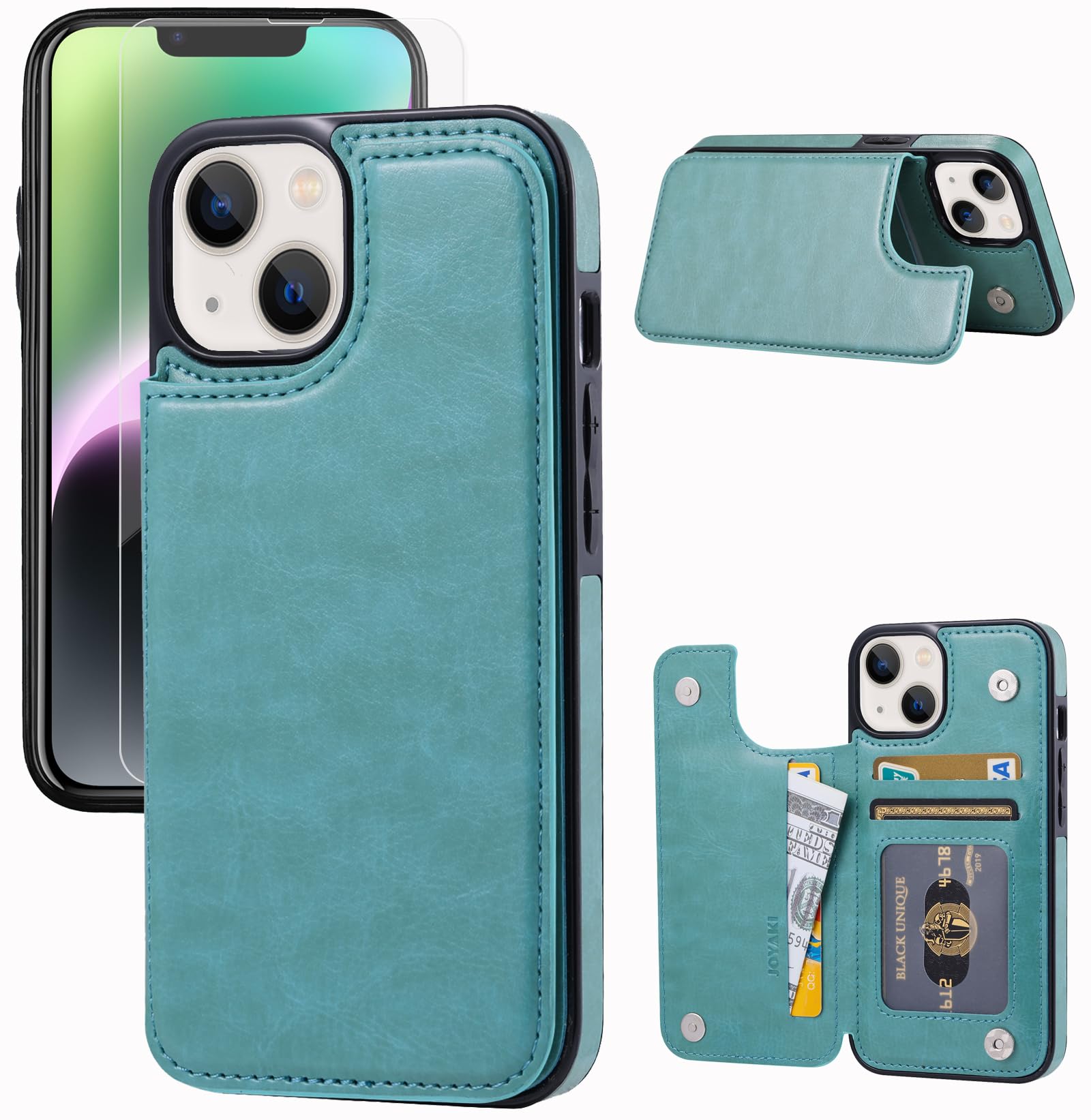 JOYAKI Wallet Case Compatible with iPhone 14, Slim Protective case with Card Holder,Premium PU Leather Kickstand Card Slots Case with a Free Screen