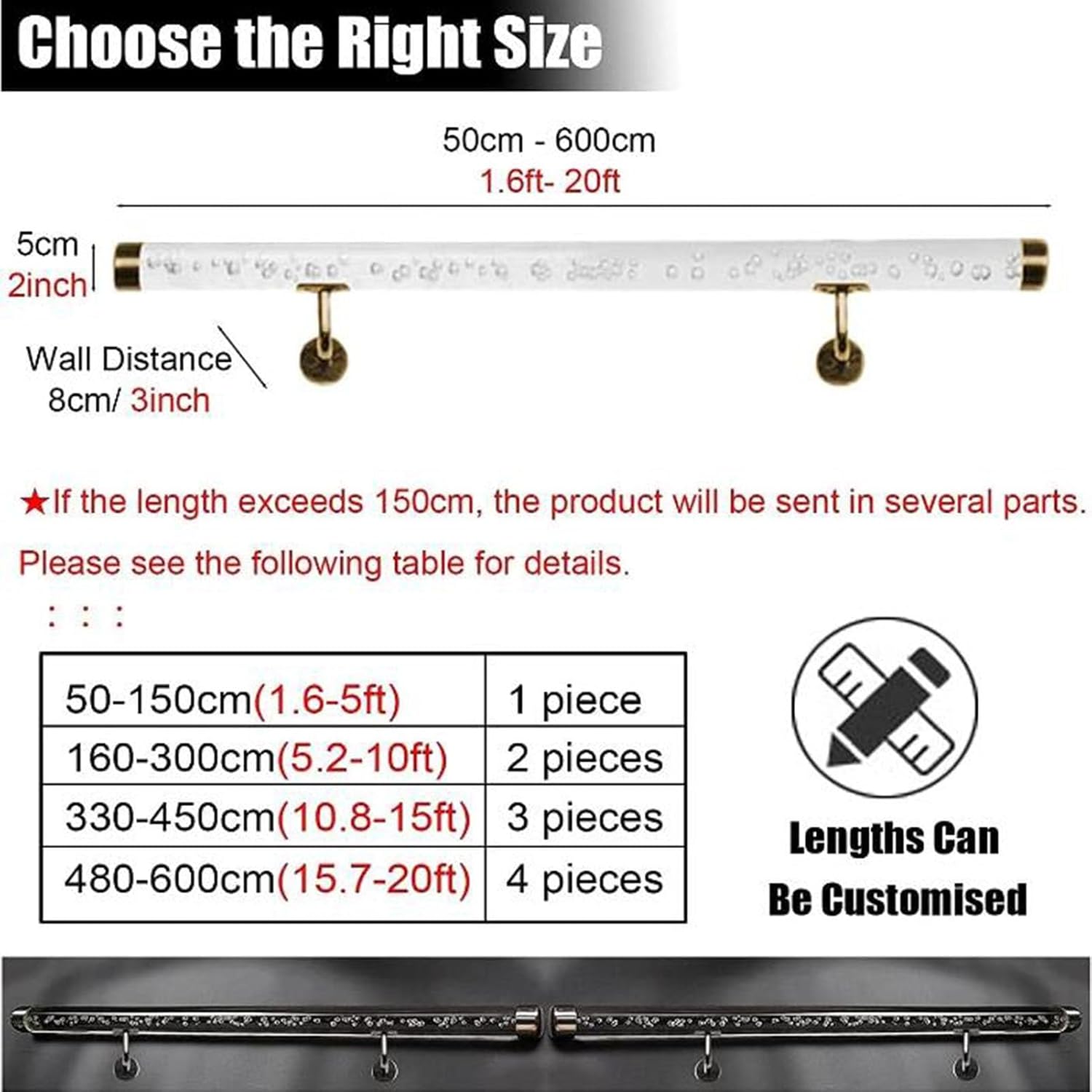 Gold Finish Crystal Acrylic Non-Slip Stairway Support Rod for Elderly & Kids - Modern Design Complete Kit - 200cm Handrail Safety Solution