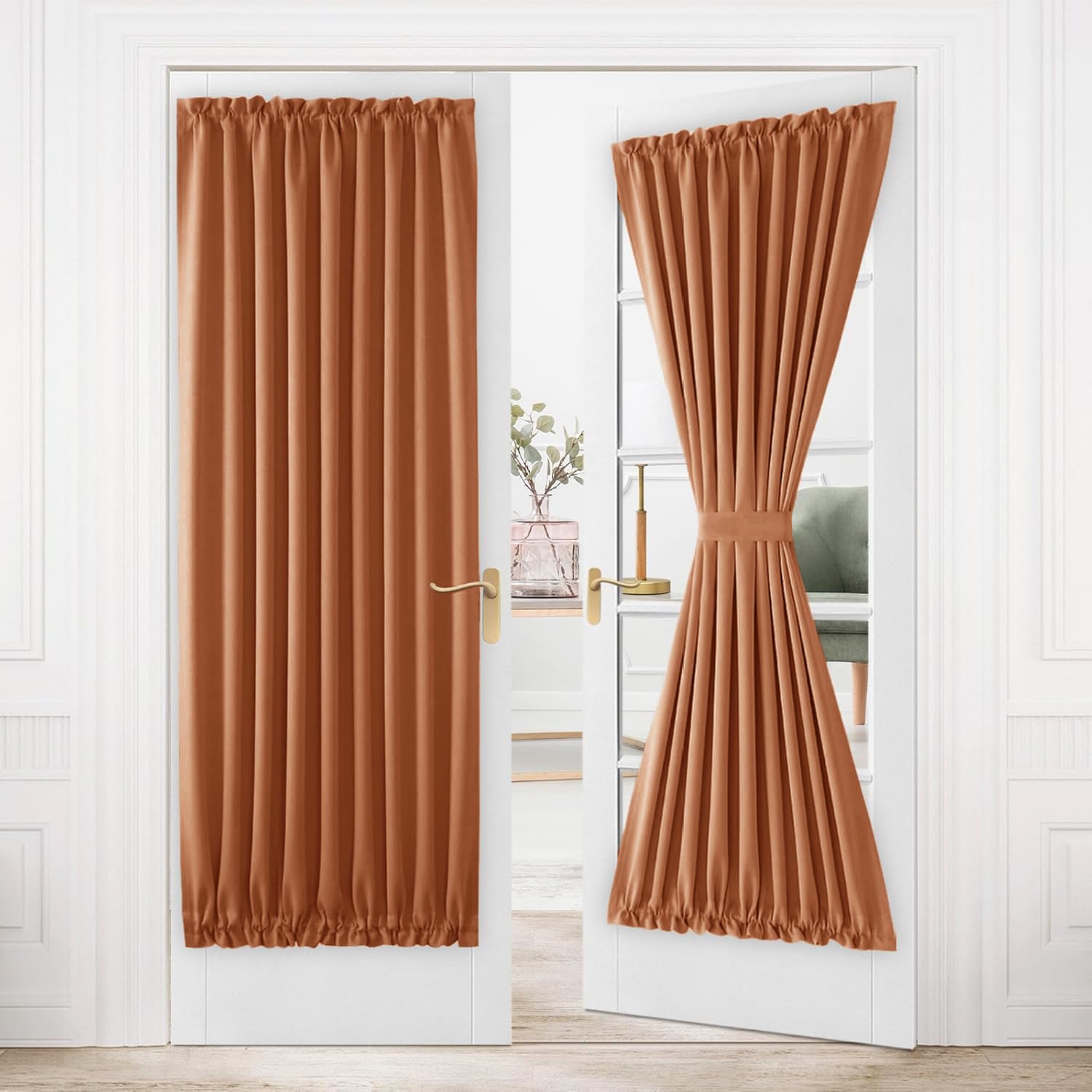 DWCN French Door Curtains – Rod Pocket Thermal Blackout Curtain for Doors with Glass Window, Kitchen and Patio Doors for Privacy, 54 X 80 Inches Long, 1 Curtain Panel with Tieback, Burnt Ochre — image 1