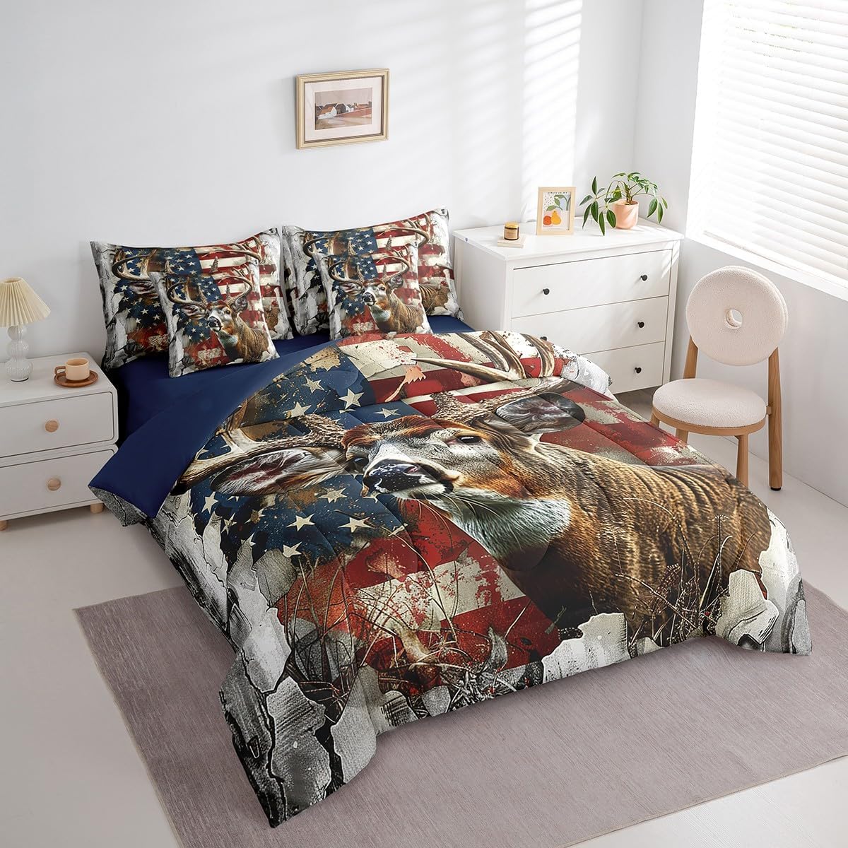 Feelyou Deer Comforter Set Full 7 Pcs Anlter Hunting Boys Girls American Flag Bedding Set Western Woodland Farmhouse Farm Wild Animal Bed in a Bag with Comforter, Sheets, Pillowcases & Cushion Cover