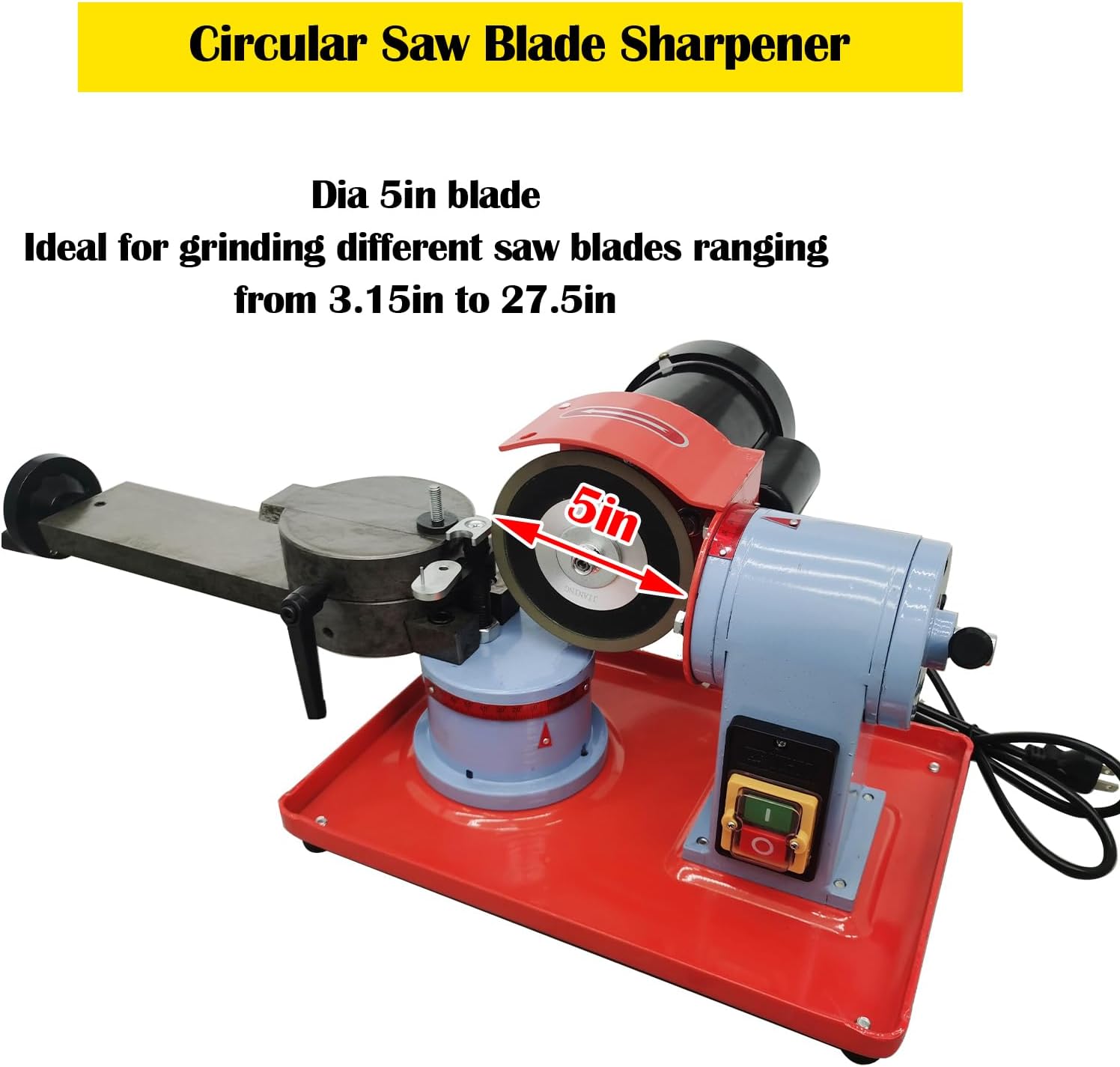 INTBUYING Circular Saw Blade Sharpener, 110V 250W Round Saw Blade Grinder Machine, with 6 Saw Centerings, 5in Grinding Wheel, Rotary Angle Saw Blade Sharpening Machine for Carbide Tipped Saw Blades