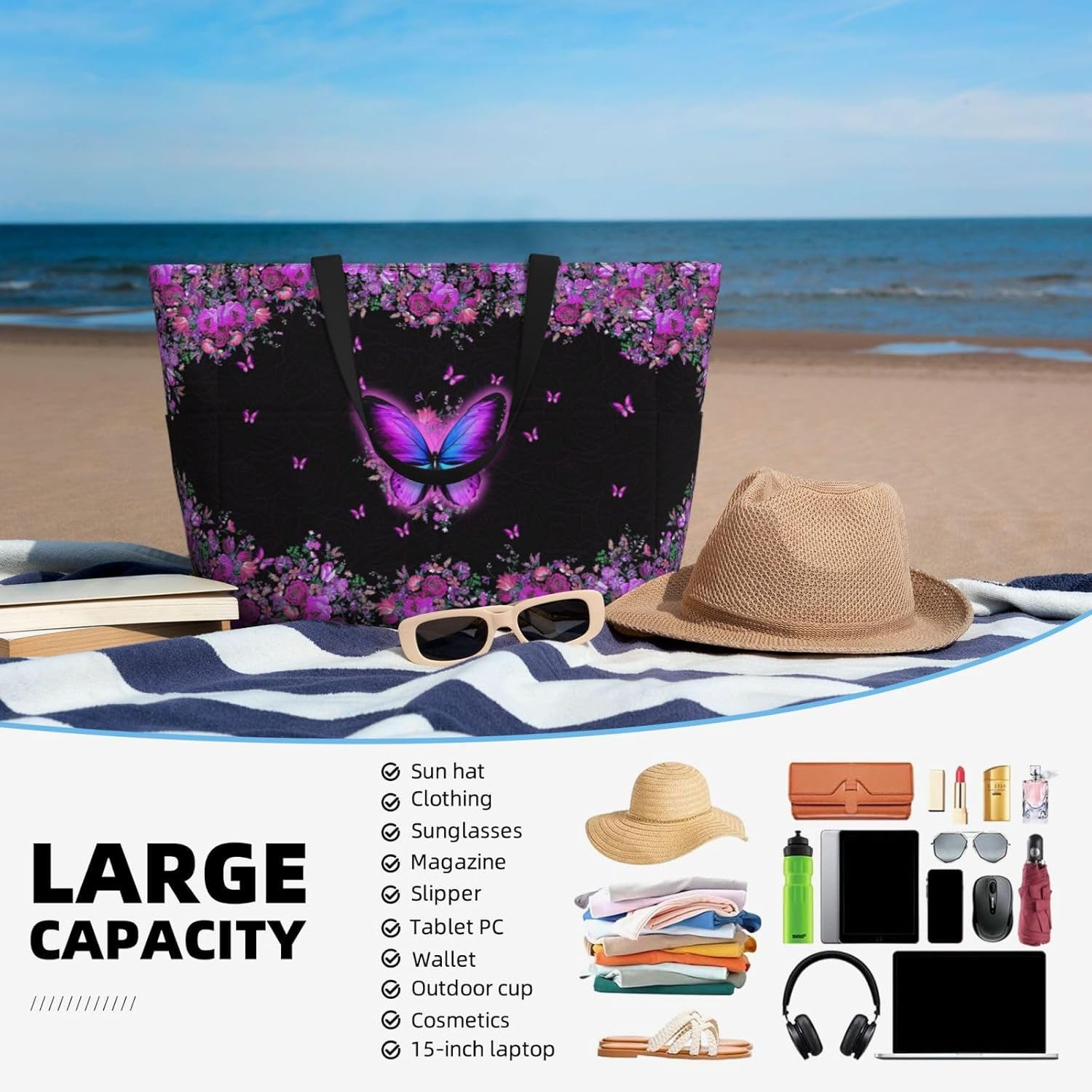 Large Beach Bag for Women Waterproof Foldable Travel Shoulder Tote Bag with Pocket for Weekender Pool Vacation - Image 2