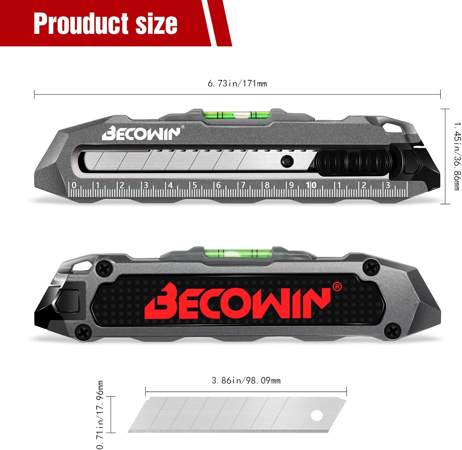 BECOWIN Multipurpose Utility Knife with Level and Ruler, Heavy Duty Metal Retractable Box Cutter Knife, 18MM SK5 Blade, Safety Lock Design for Measuring, Cutting Cartons, Cardboards and Boxes