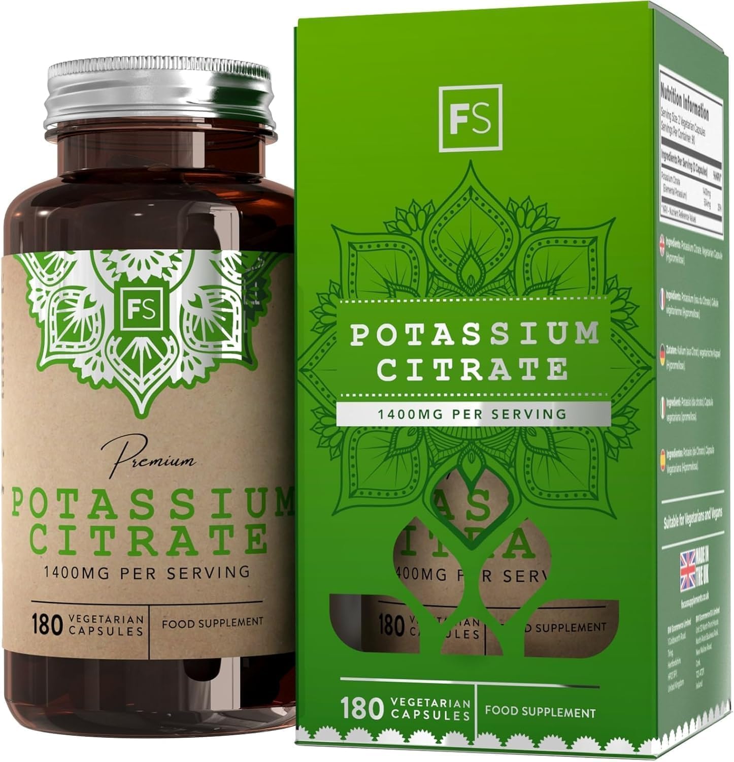 FS Potassium Citrate | 180 High Strength Potassium Supplements Capsules - 1400mg Potasium Citrate per Serving | Non-GMO, Gluten & Allergen Free | Manufactured in The UK