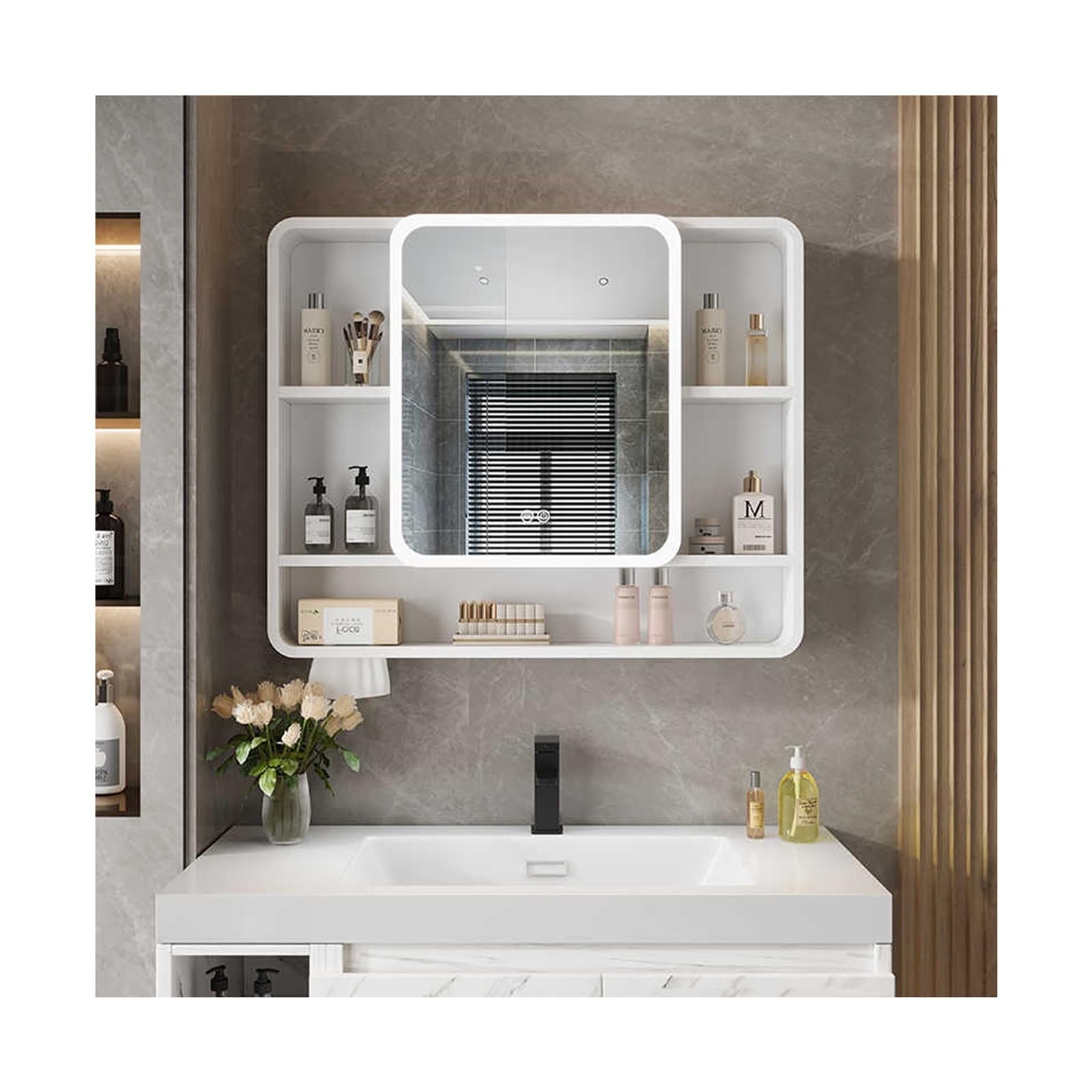 FGXHHS LED Cabinet - Wall Mounted, Anti-Fog, Dimmable Illuminated, Storage Cupboard with Shelf, Modern Design for Stylish nization, Pearl White Finish