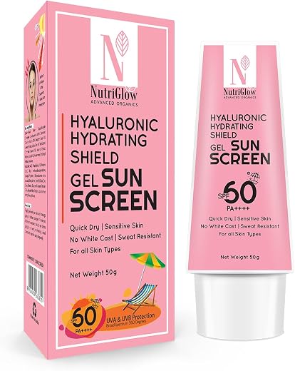 NutriGlow Advanced Organics Hyaluronic Hydrating Shield Gel Sunscreen with SPF60, PA++++, Sun Protection, No white Cast (50g)