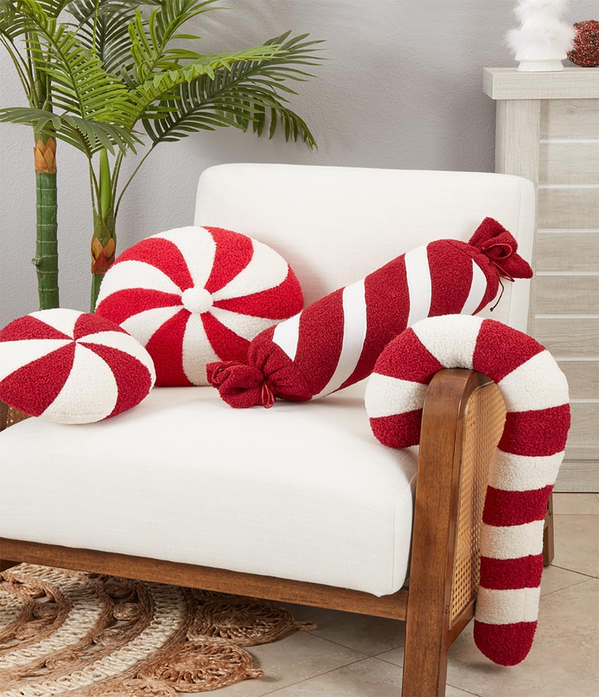 Fennco Styles Peppermint Candy Decorative Filled Throw Pillow 10" X 10" Round - Red and White Holiday Accent Pillow for Christmas, Home, Couch, Bedroom, Living Room and Office Decor