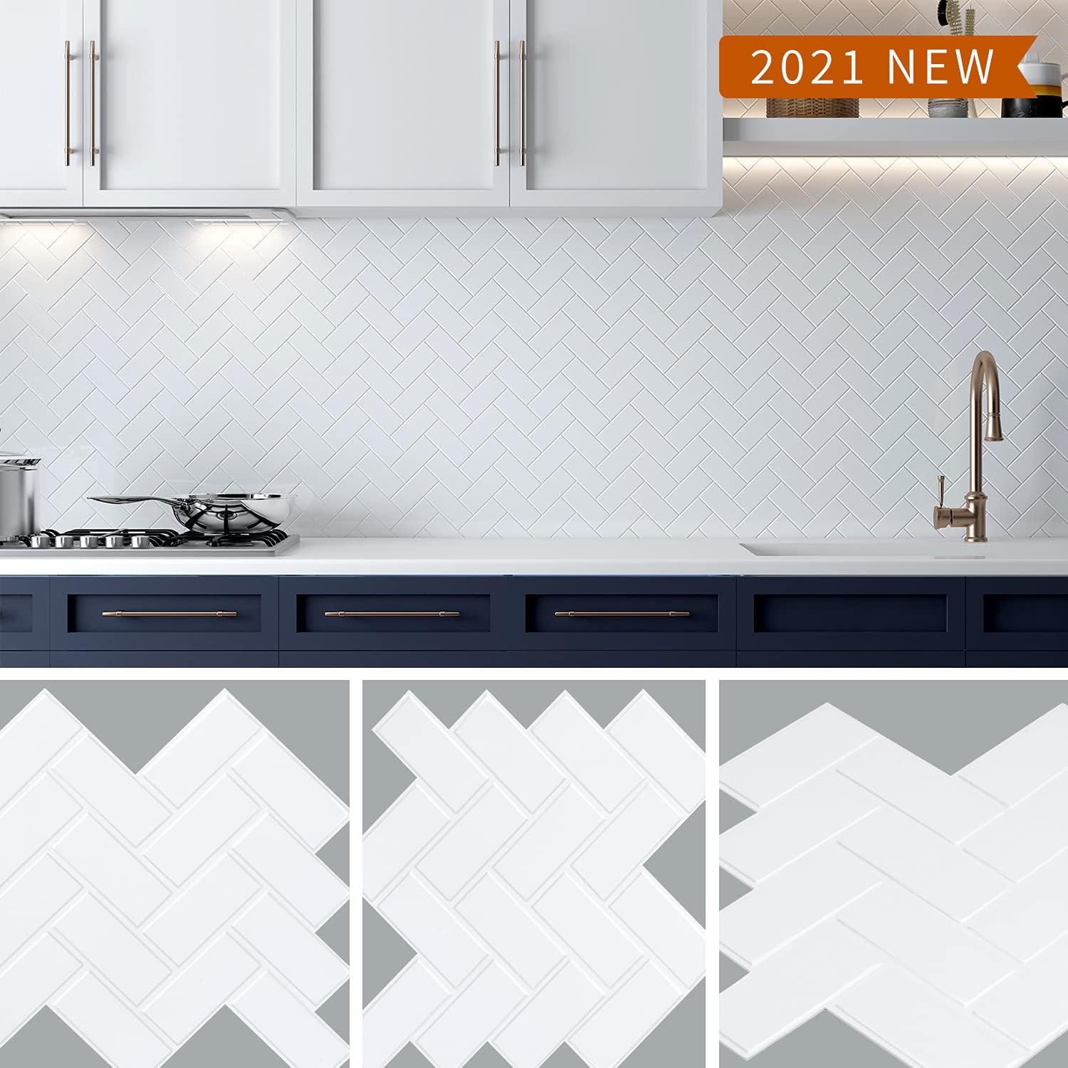 STICKGOO Backsplash Peel and Stick Tile, 10 Sheets 2021 Upgraded Herringbone Decorative Wall Tile, 3D Self Adhesive Backsplash Stick on Kitchen Bathroom Laundry (12”x12”, Pure White)